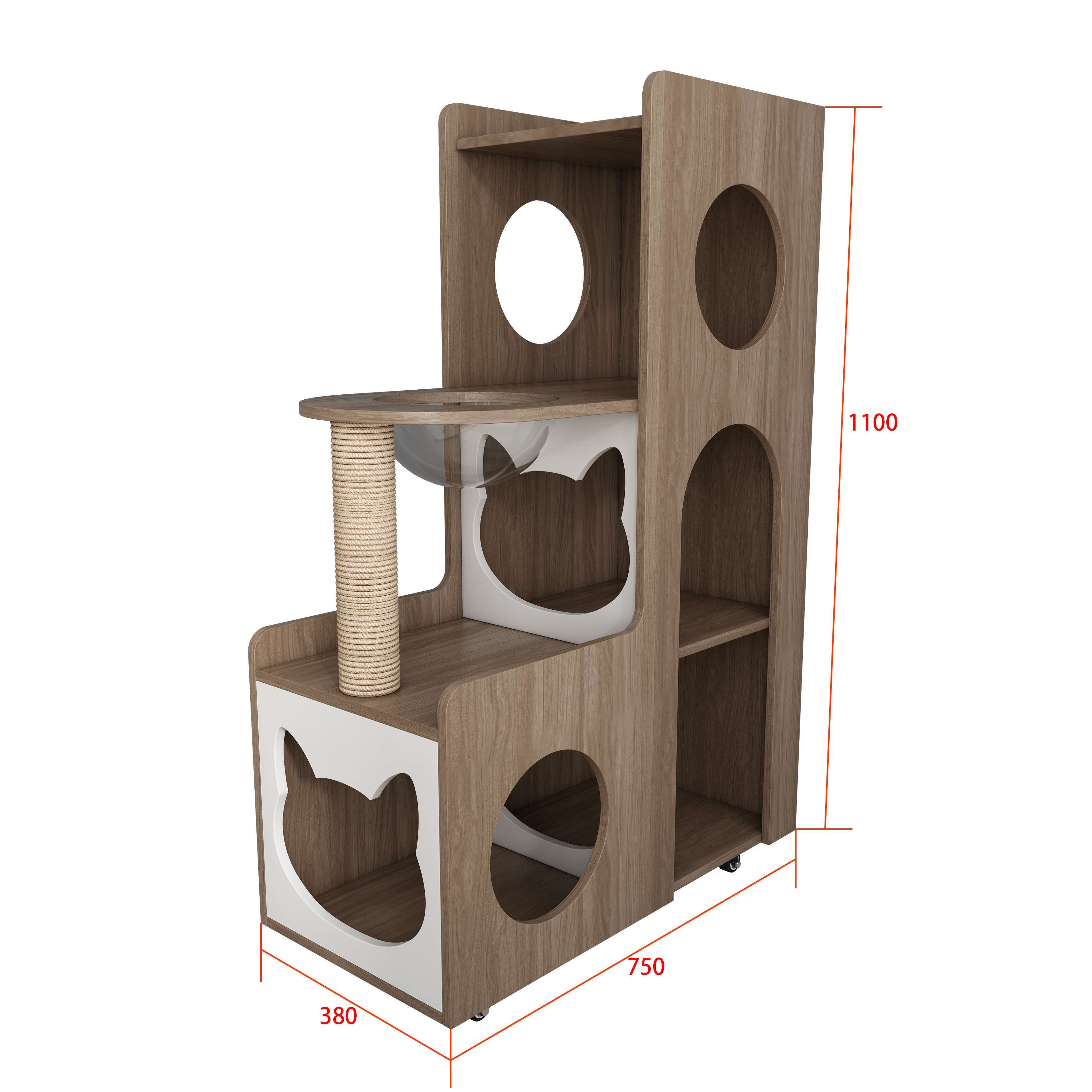 Vertical Two‑Tone Wooden Cat Tower with Sisal Post, Bubble Window Perch & Cat‑Ear Hideaway