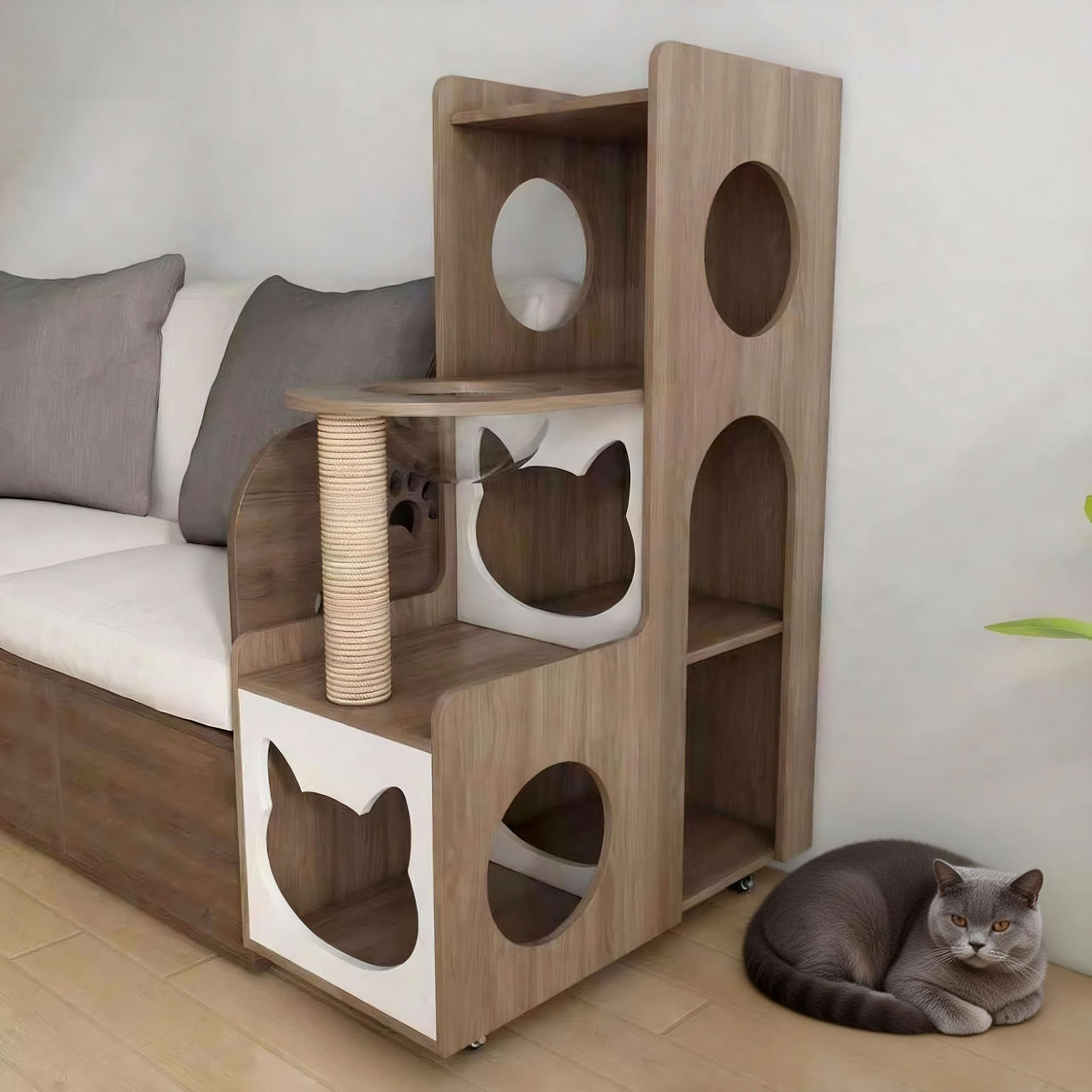Vertical Two‑Tone Wooden Cat Tower with Sisal Post, Bubble Window Perch & Cat‑Ear Hideaway