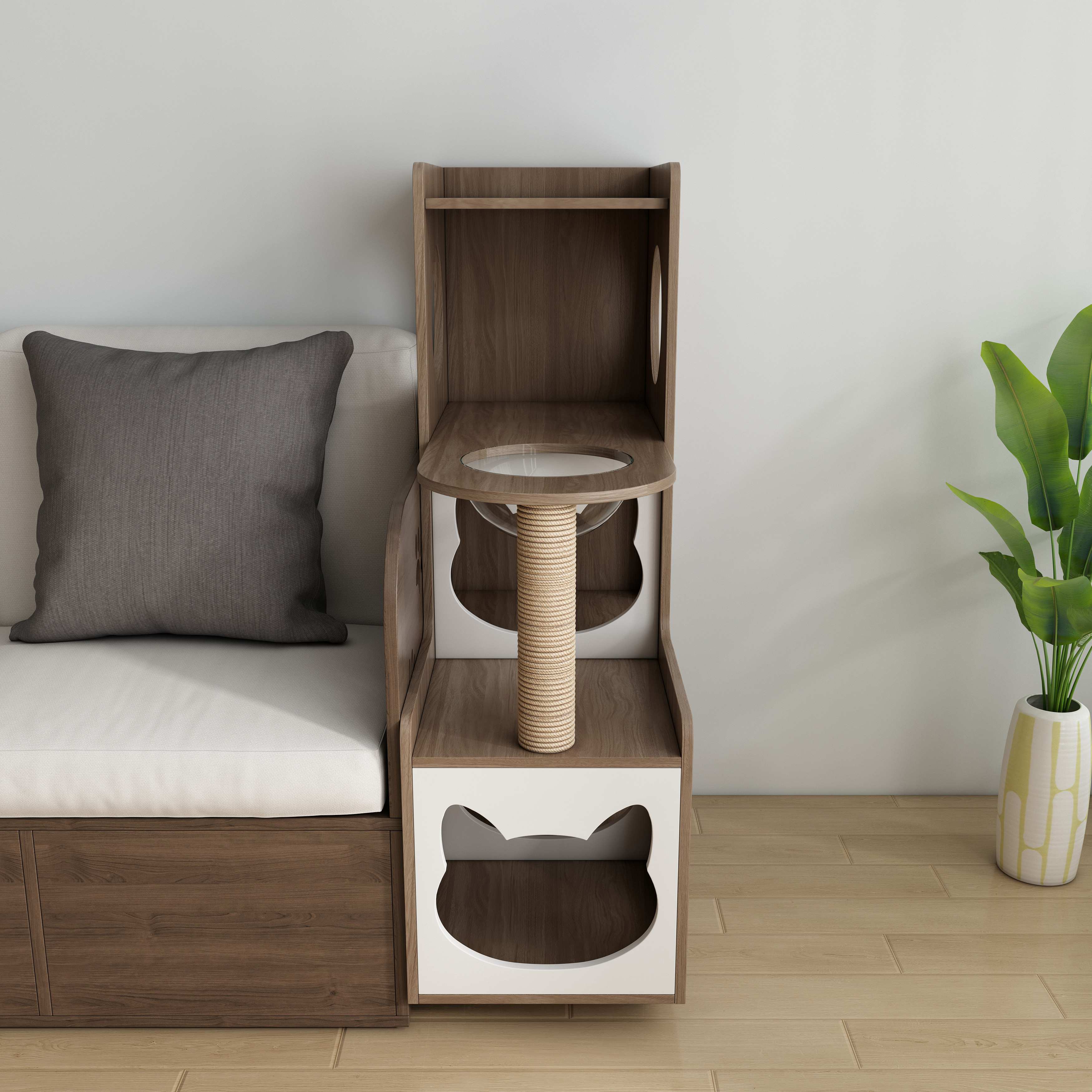 Vertical Two‑Tone Wooden Cat Tower with Sisal Post, Bubble Window Perch & Cat‑Ear Hideaway