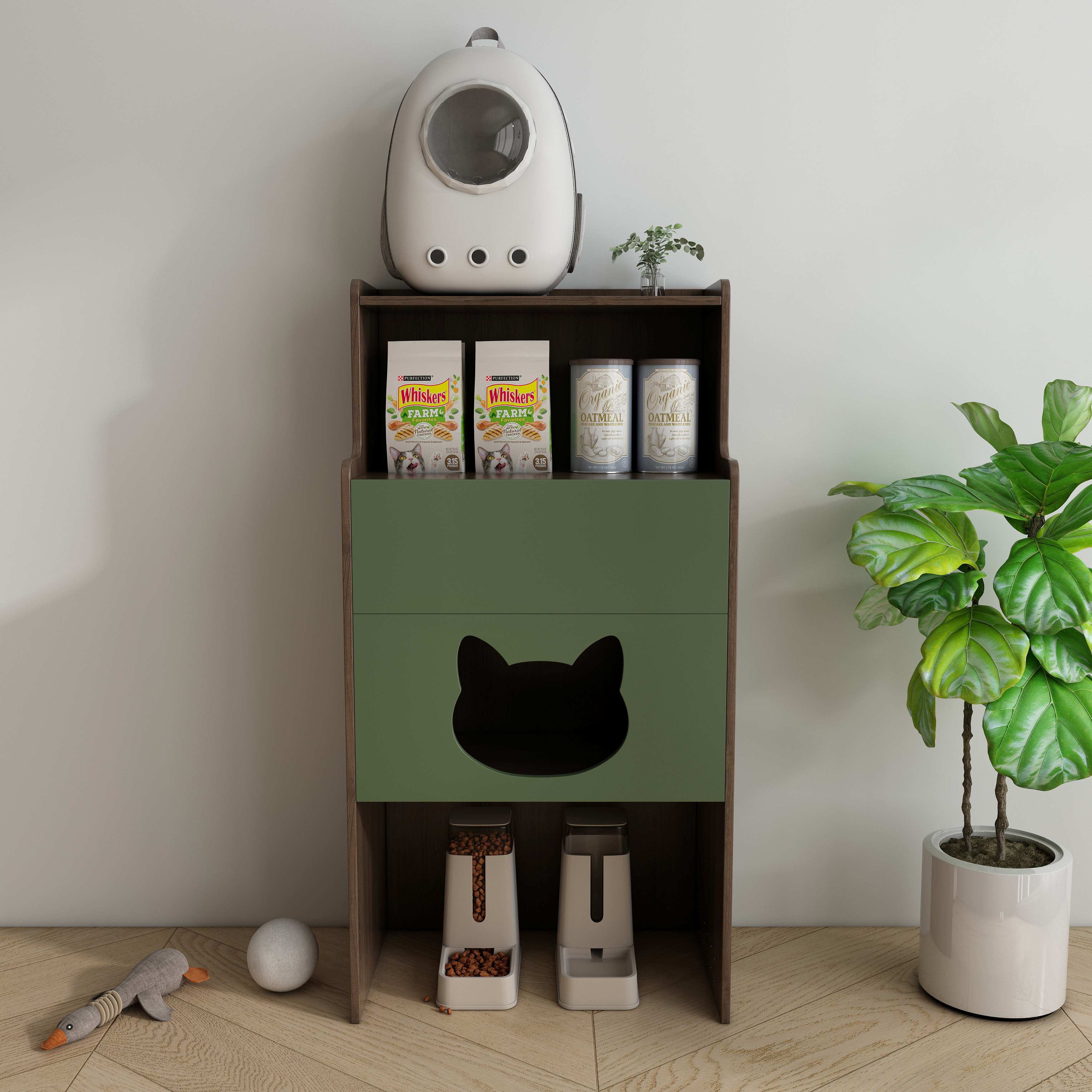 Tall Two‑Tone Cat Storage Cabinet with Cat‑Ear Nook, Feeder Station & Open Display Shelf