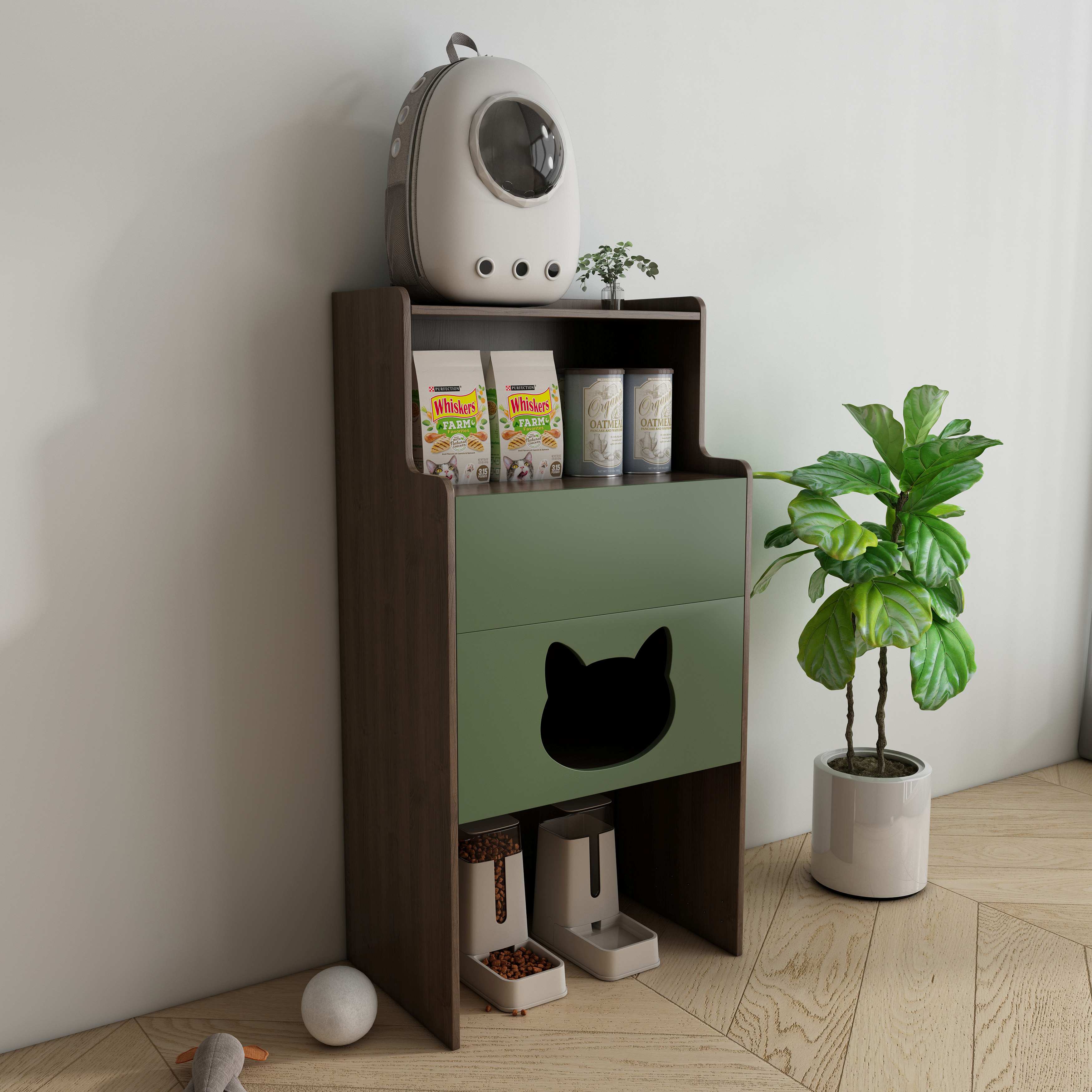 Tall Two‑Tone Cat Storage Cabinet with Cat‑Ear Nook, Feeder Station & Open Display Shelf