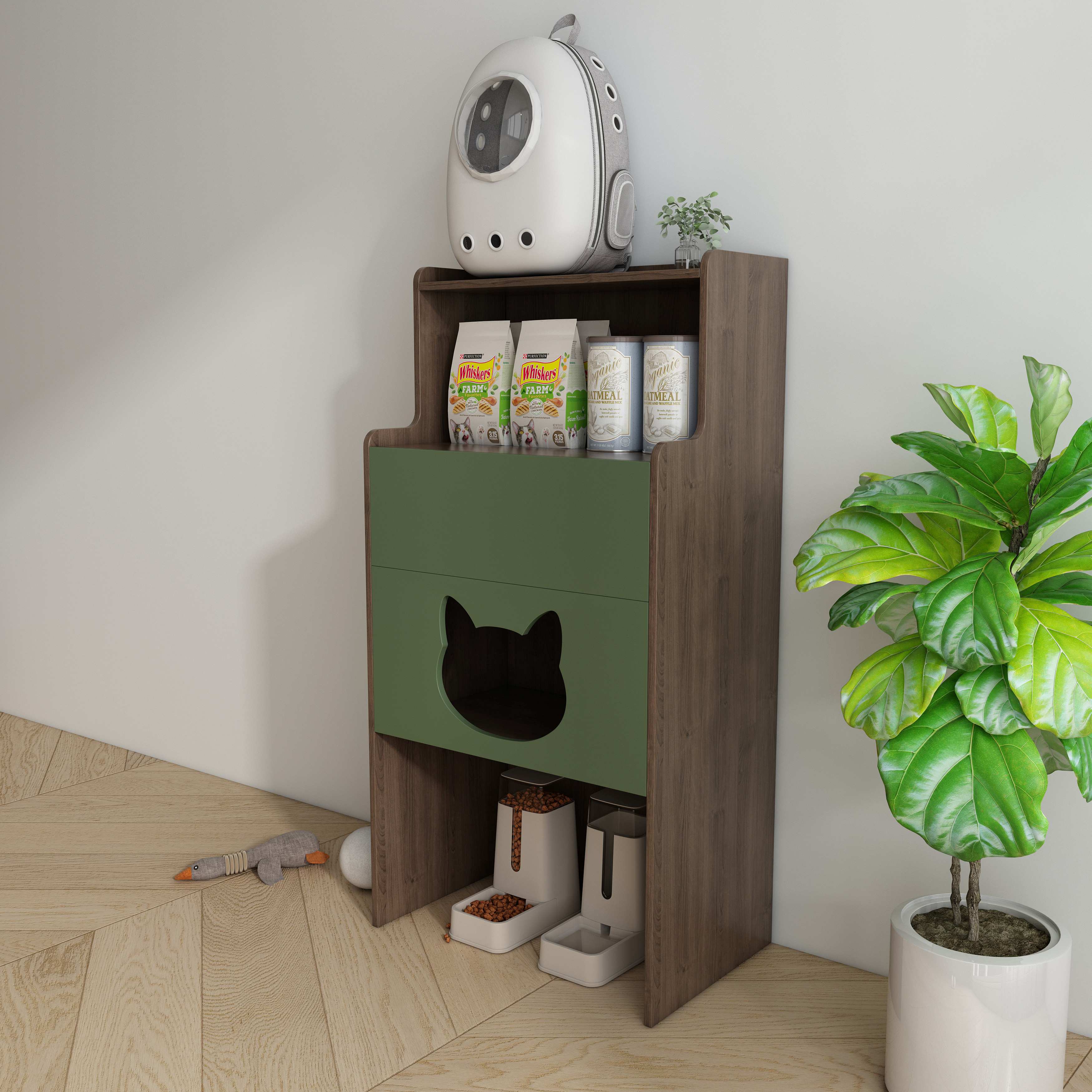Tall Two‑Tone Cat Storage Cabinet with Cat‑Ear Nook, Feeder Station & Open Display Shelf