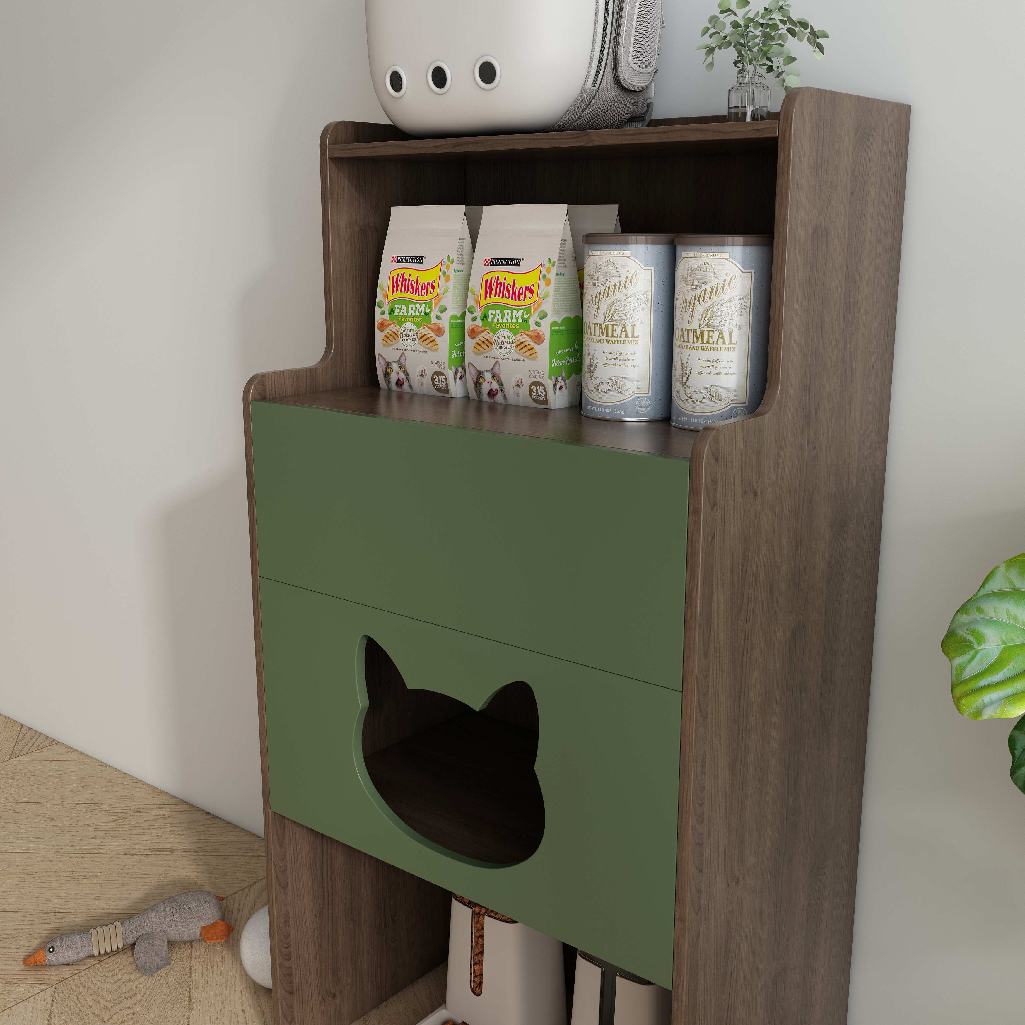 Tall Two‑Tone Cat Storage Cabinet with Cat‑Ear Nook, Feeder Station & Open Display Shelf