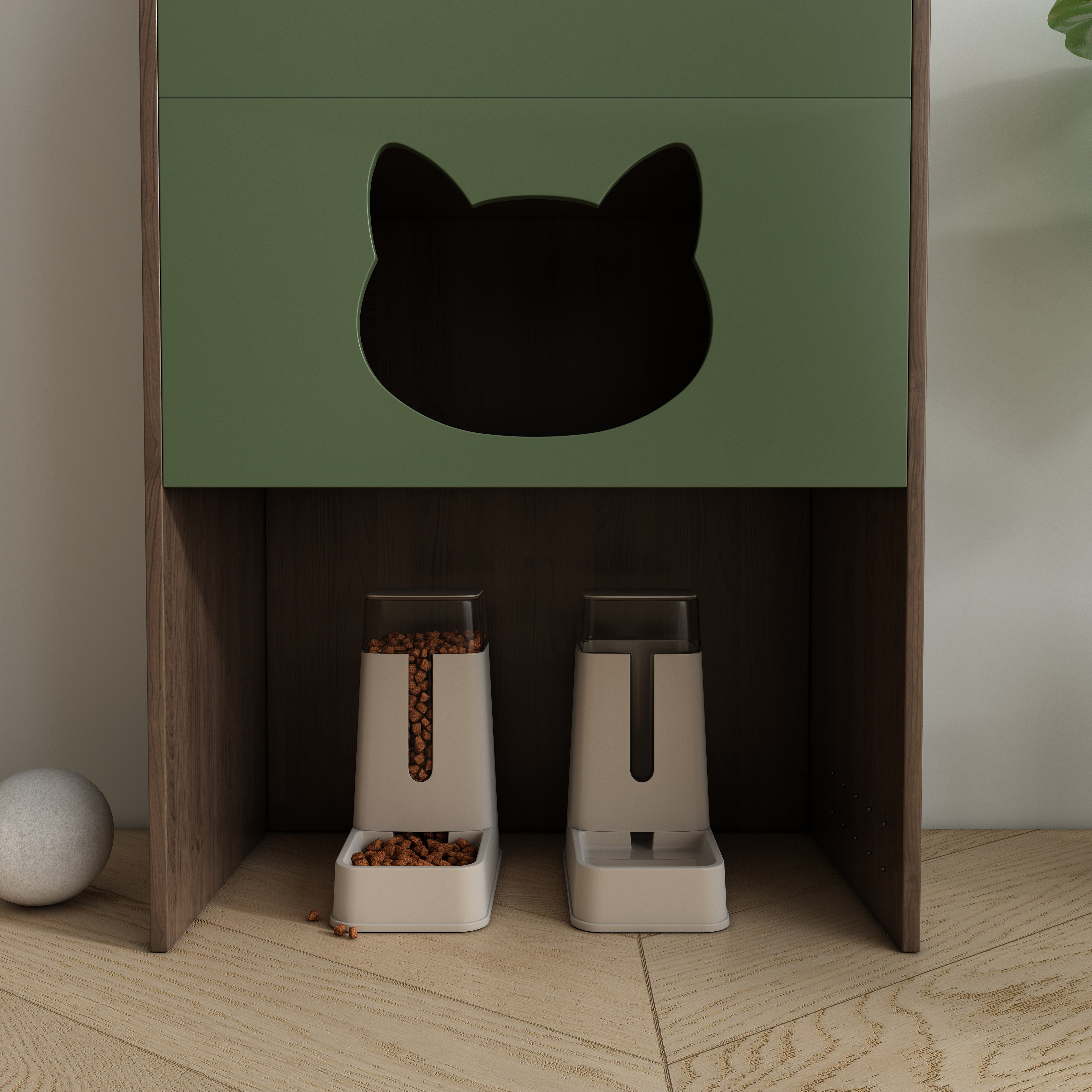 Tall Two‑Tone Cat Storage Cabinet with Cat‑Ear Nook, Feeder Station & Open Display Shelf