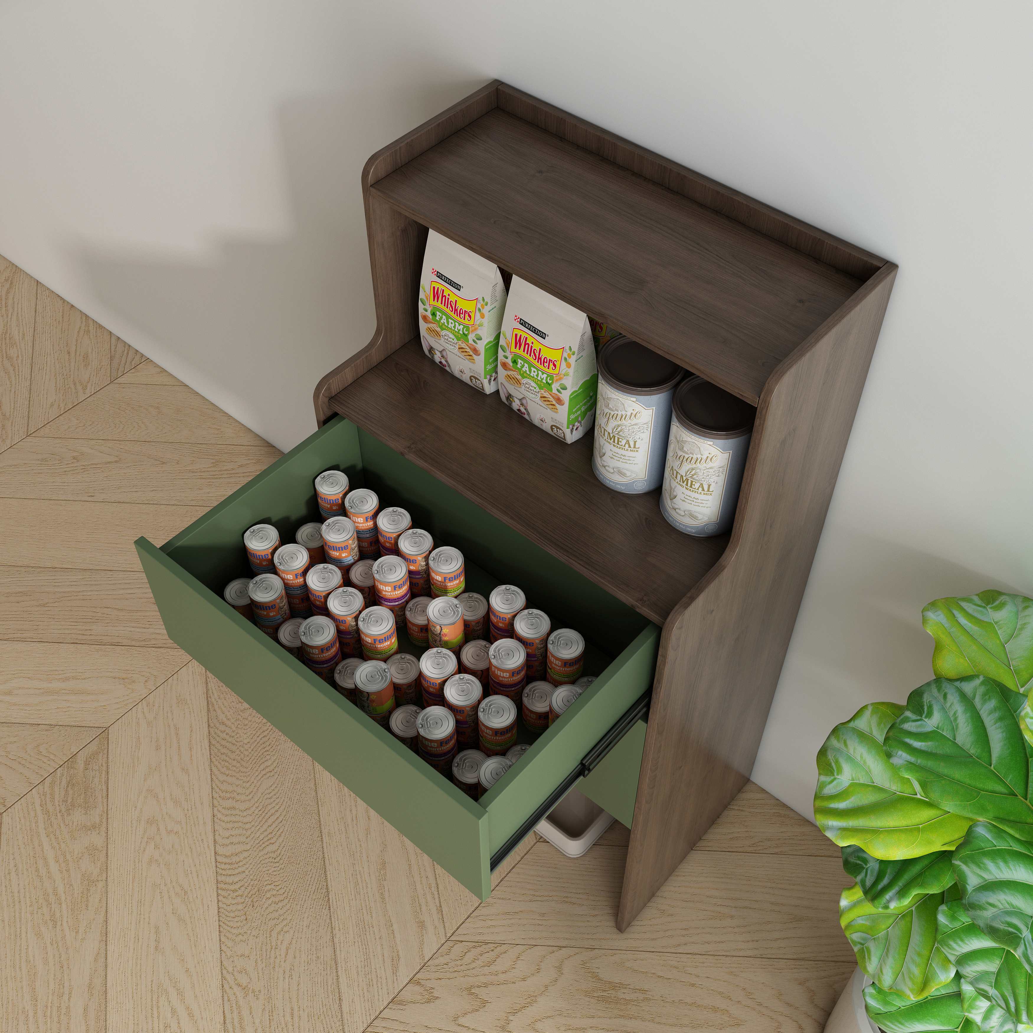Tall Two‑Tone Cat Storage Cabinet with Cat‑Ear Nook, Feeder Station & Open Display Shelf