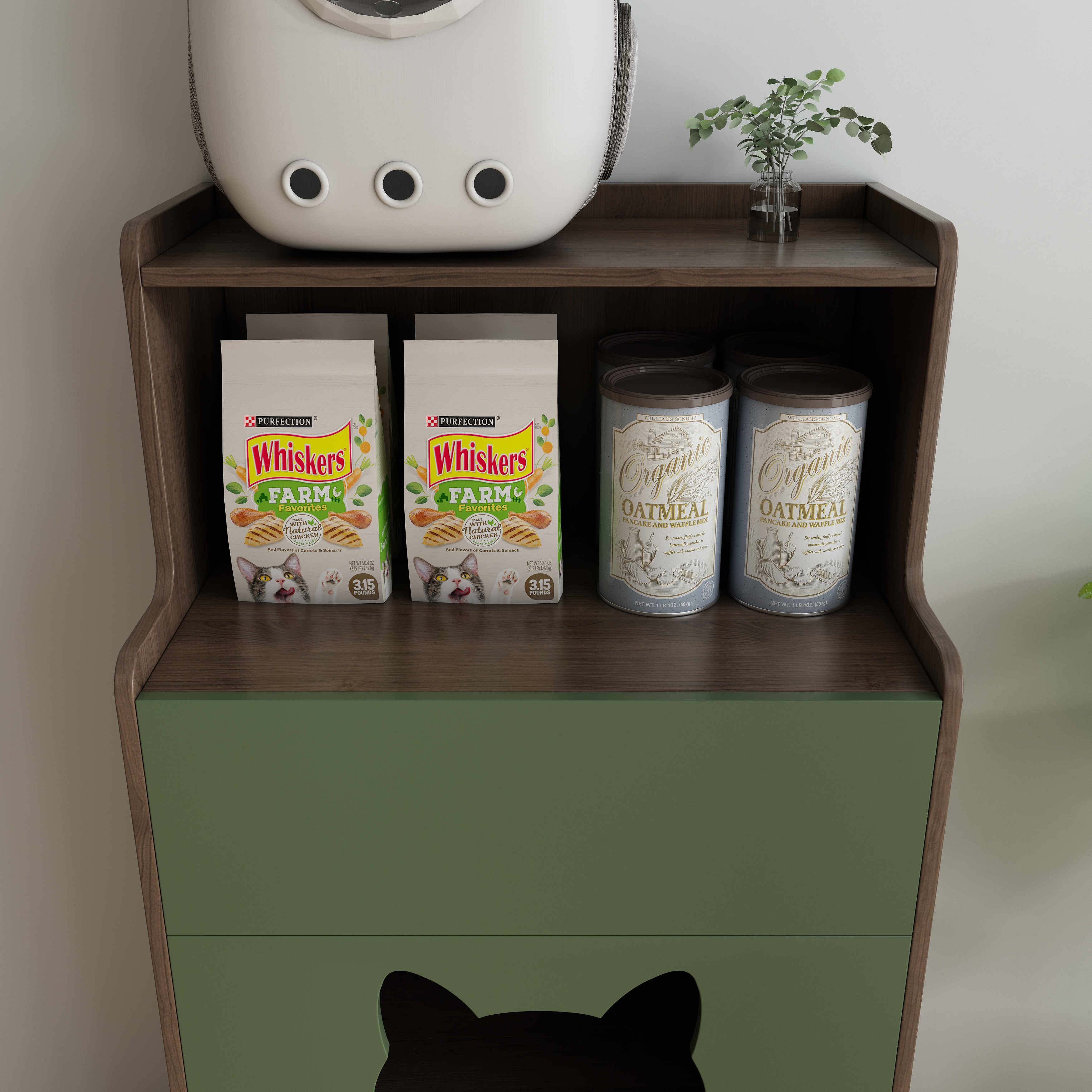 Tall Two‑Tone Cat Storage Cabinet with Cat‑Ear Nook, Feeder Station & Open Display Shelf