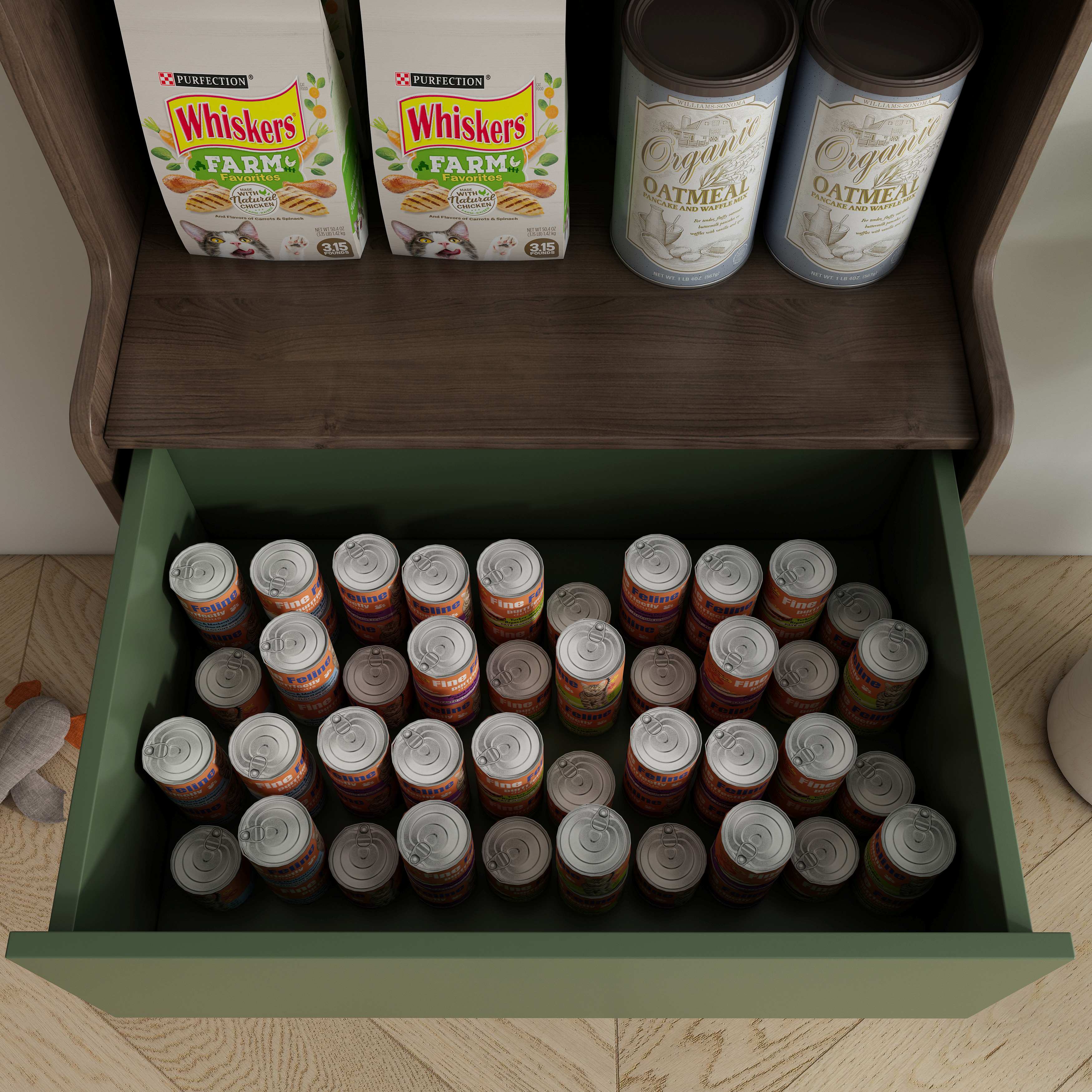 Tall Two‑Tone Cat Storage Cabinet with Cat‑Ear Nook, Feeder Station & Open Display Shelf