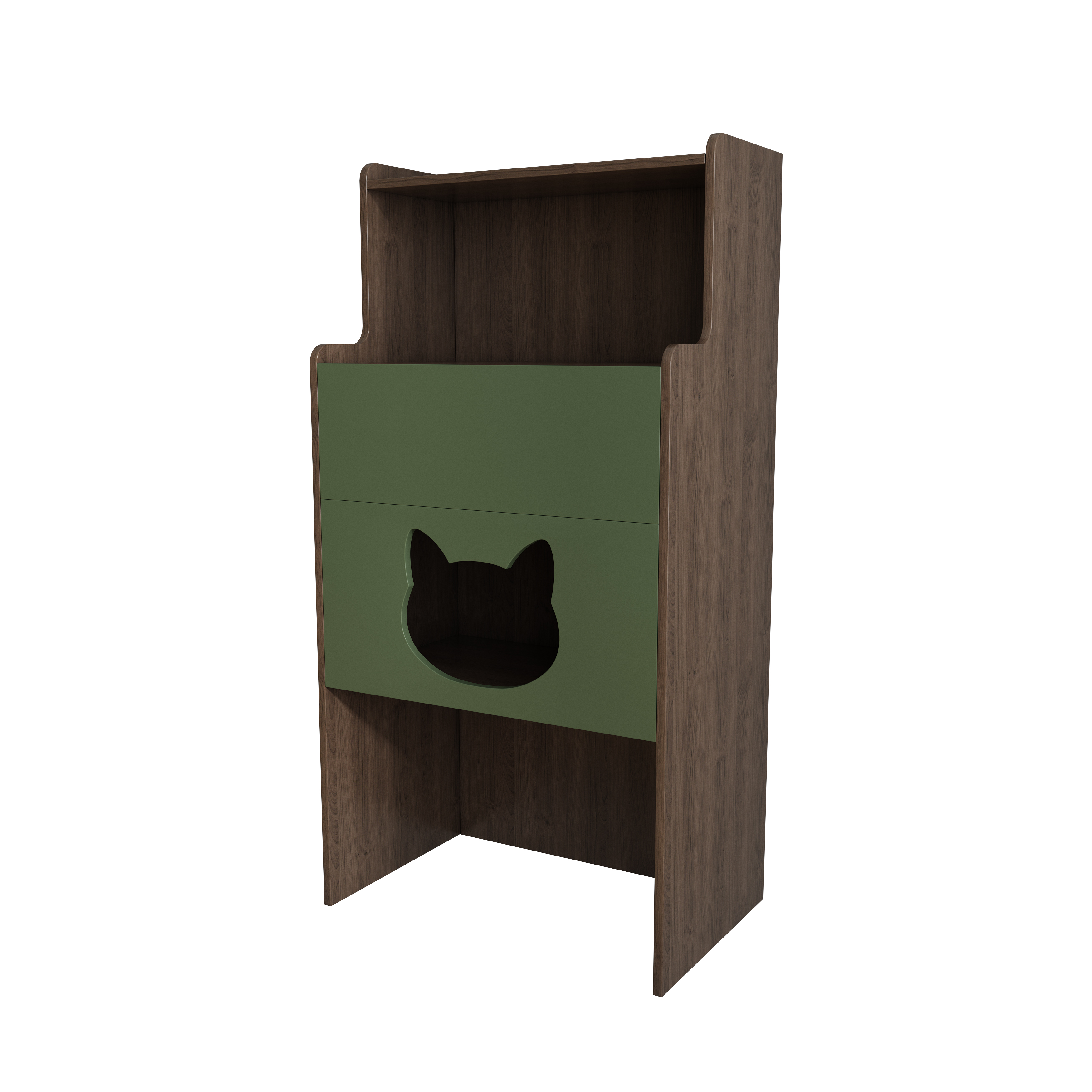 Tall Two‑Tone Cat Storage Cabinet with Cat‑Ear Nook, Feeder Station & Open Display Shelf