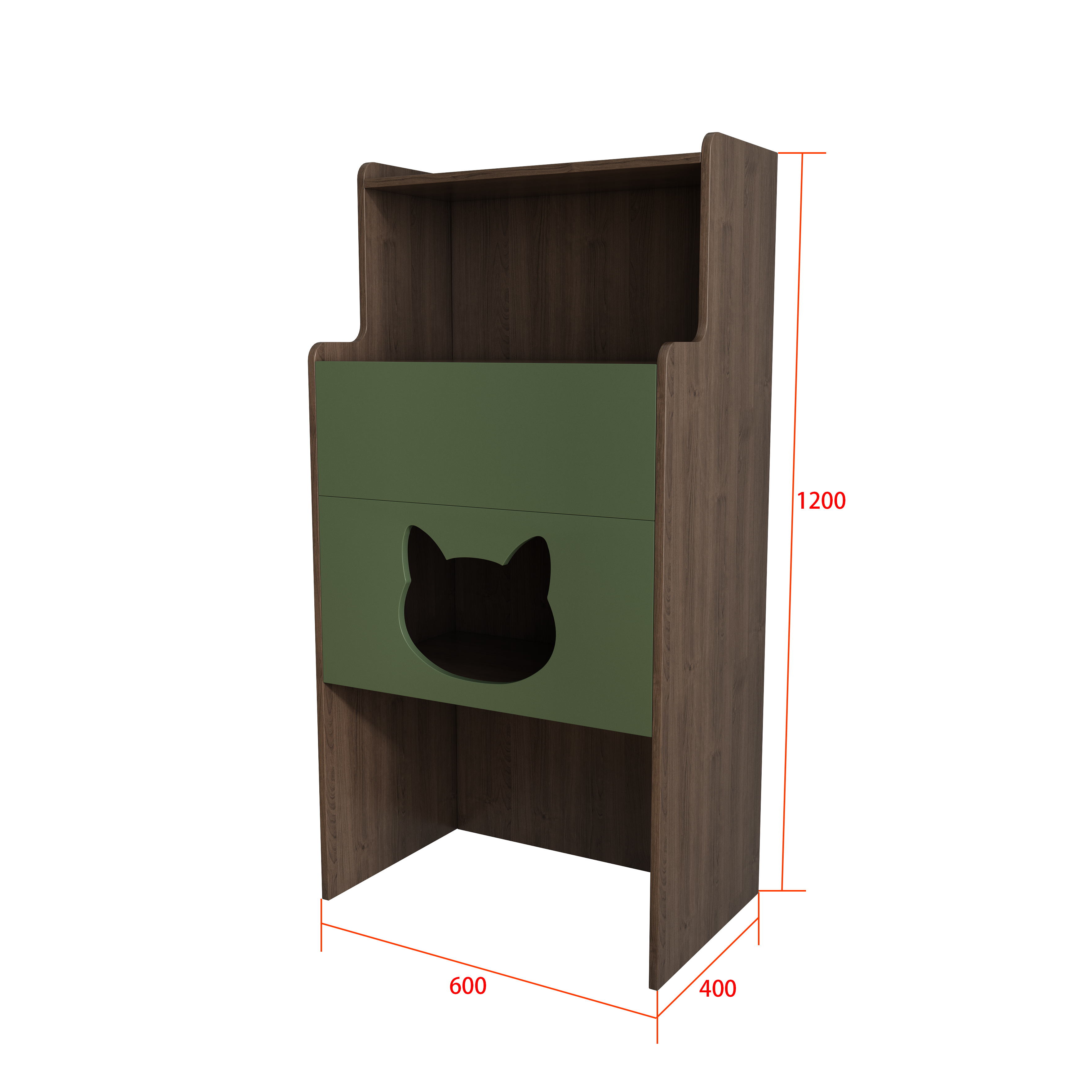 Tall Two‑Tone Cat Storage Cabinet with Cat‑Ear Nook, Feeder Station & Open Display Shelf