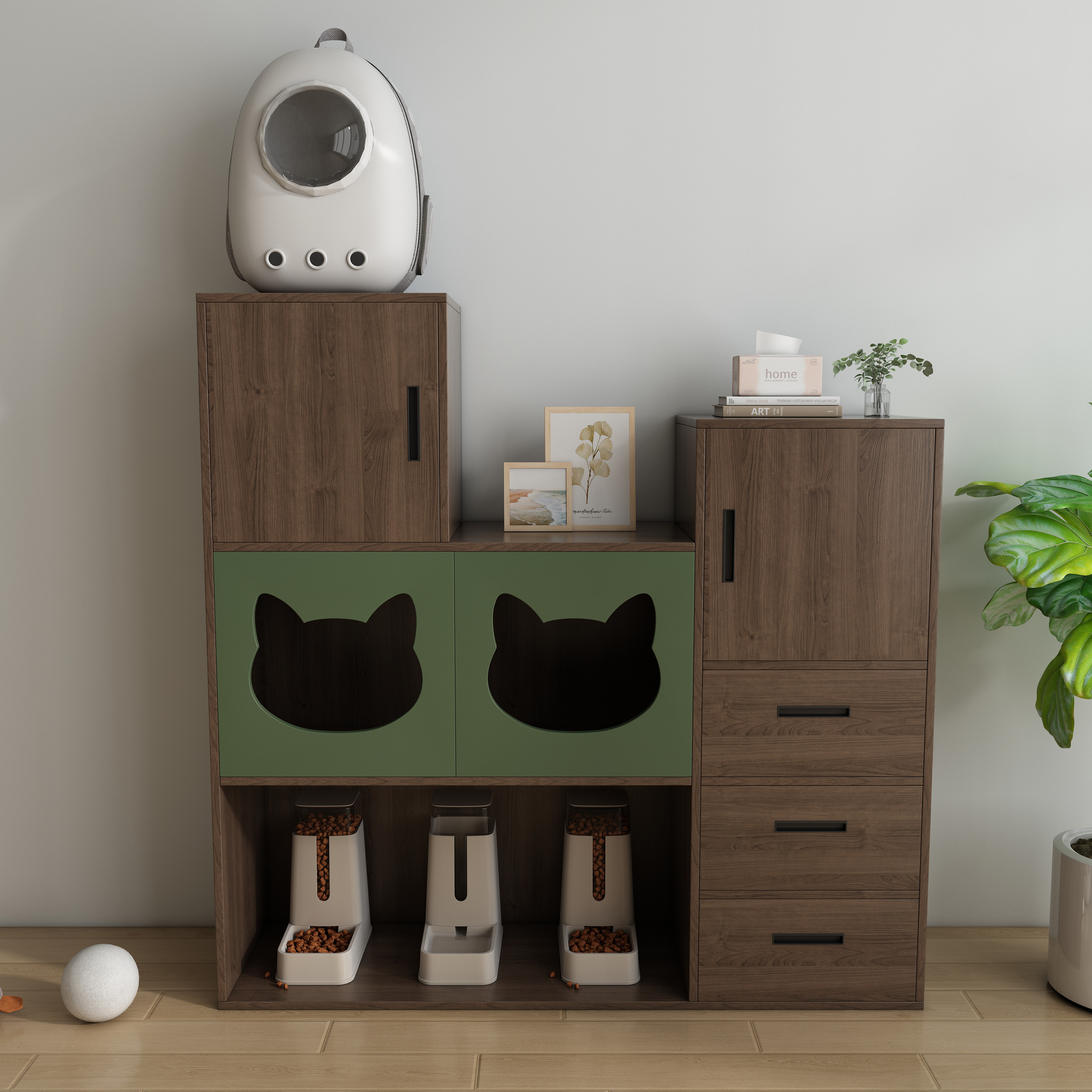 Asymmetrical Wooden Cat Storage Cabinet with Dual Cat‑Ear Nooks, Feeding Station & Multi‑Drawer Stor