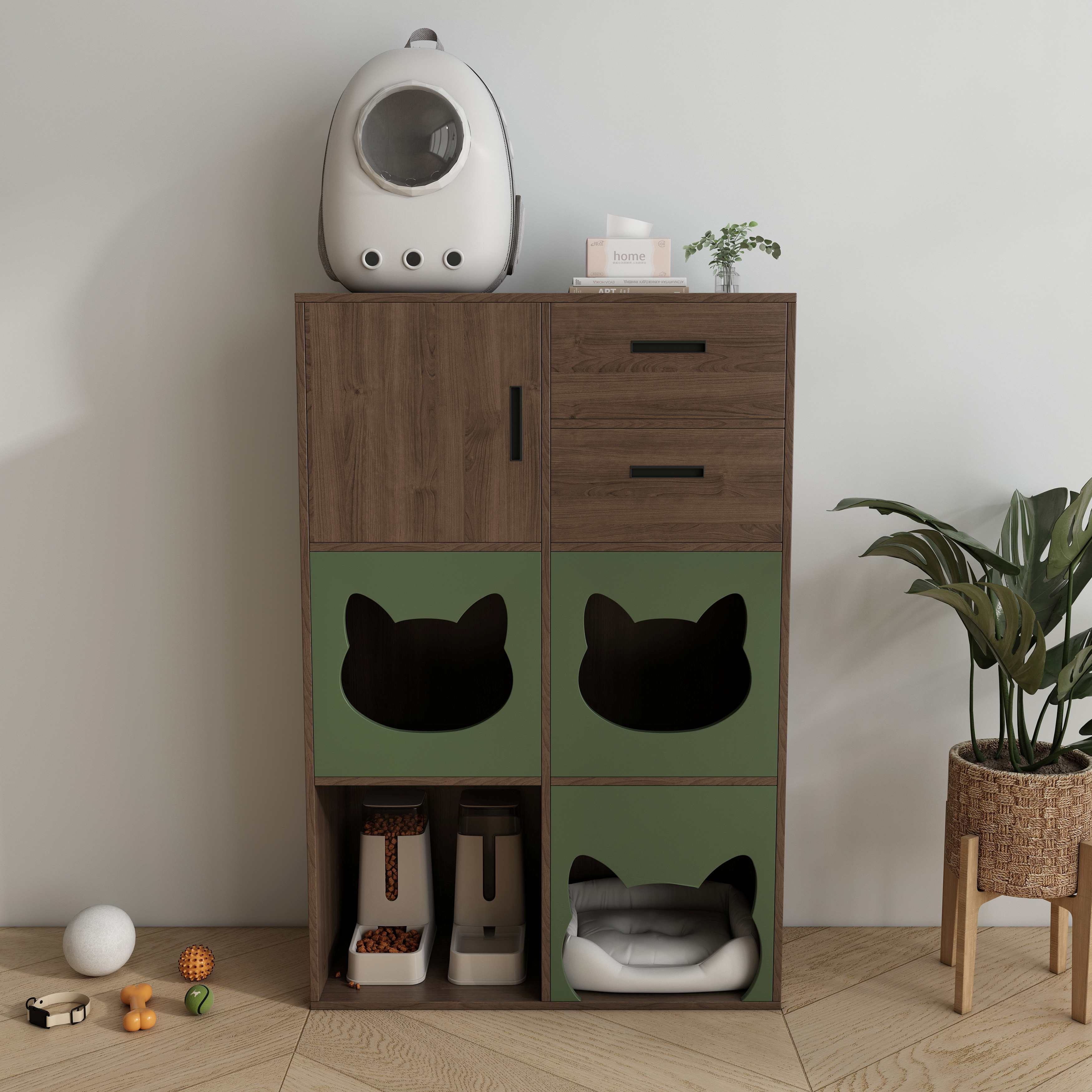 Vertical Two‑Tone Cat Cabinet with Triple Cat‑Ear Nooks, Feeding Station & Multi‑Drawer Storage