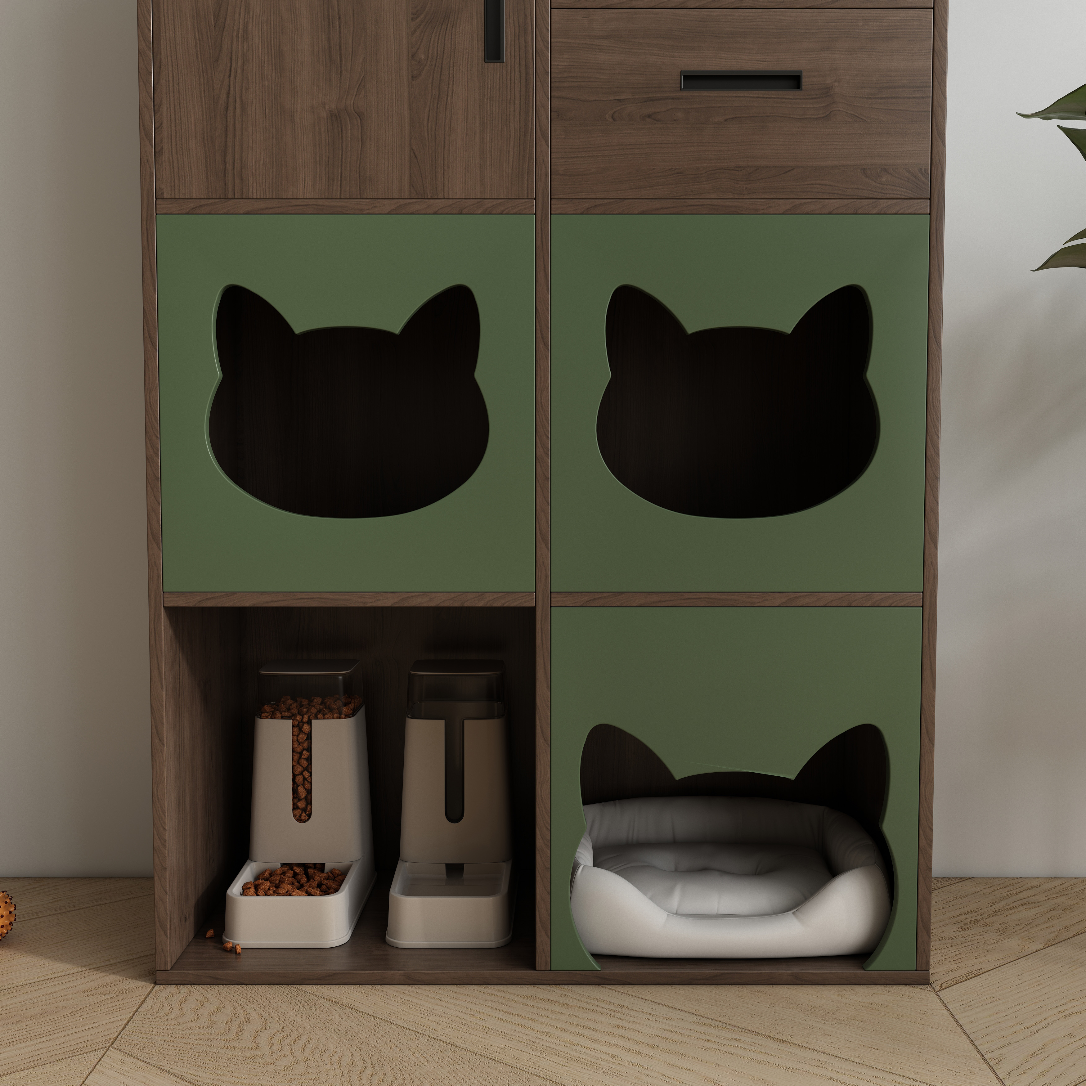 Vertical Two‑Tone Cat Cabinet with Triple Cat‑Ear Nooks, Feeding Station & Multi‑Drawer Storage
