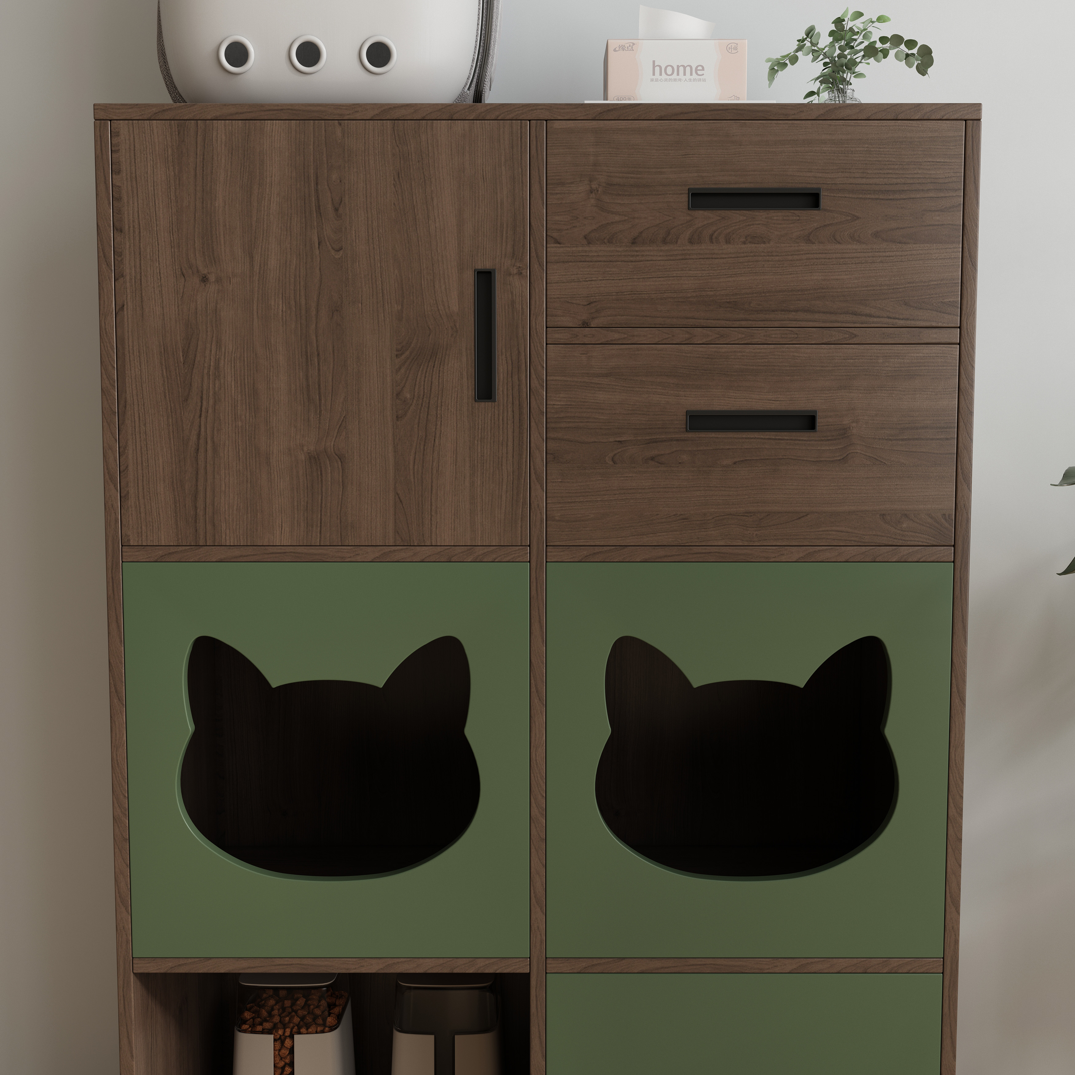 Vertical Two‑Tone Cat Cabinet with Triple Cat‑Ear Nooks, Feeding Station & Multi‑Drawer Storage