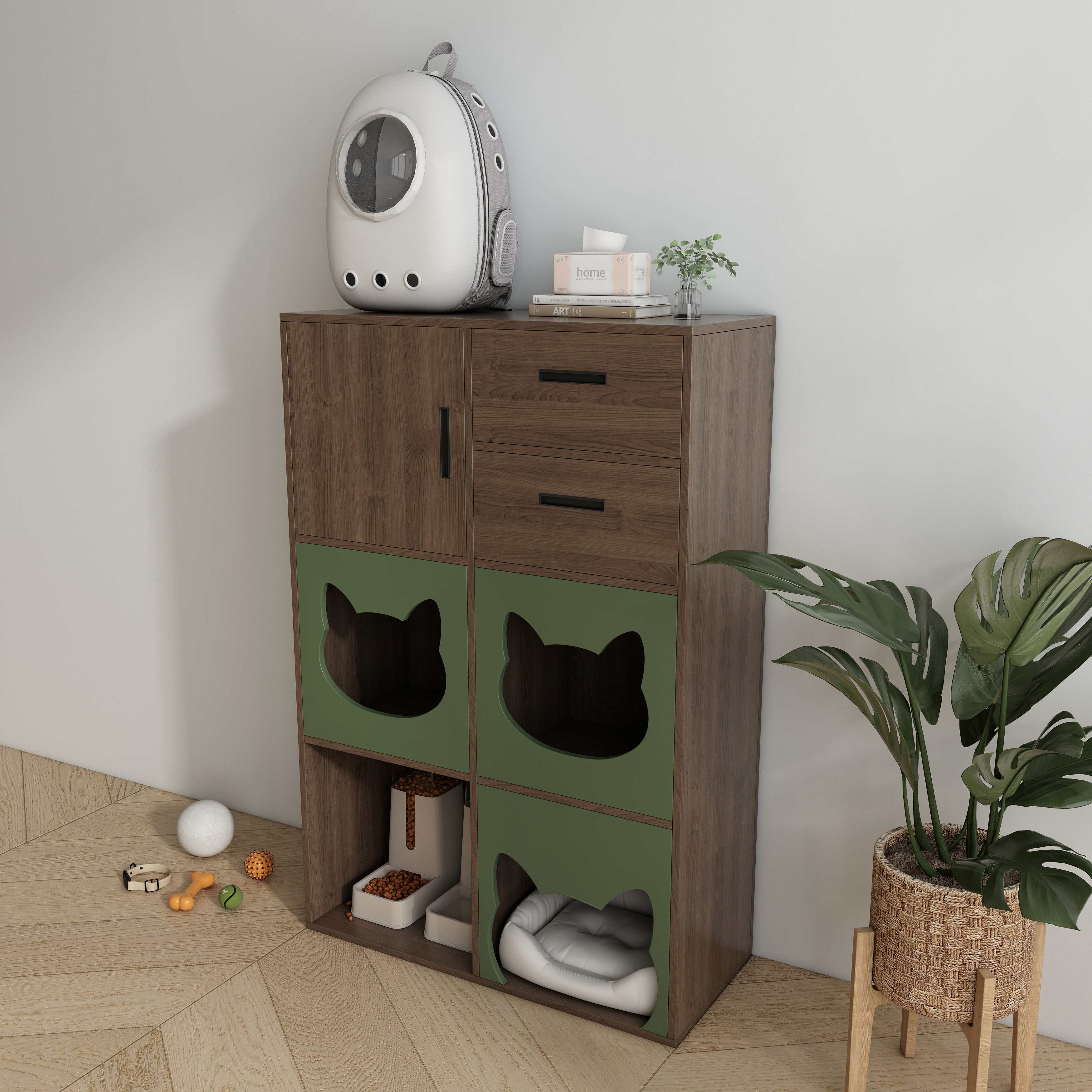 Vertical Two‑Tone Cat Cabinet with Triple Cat‑Ear Nooks, Feeding Station & Multi‑Drawer Storage