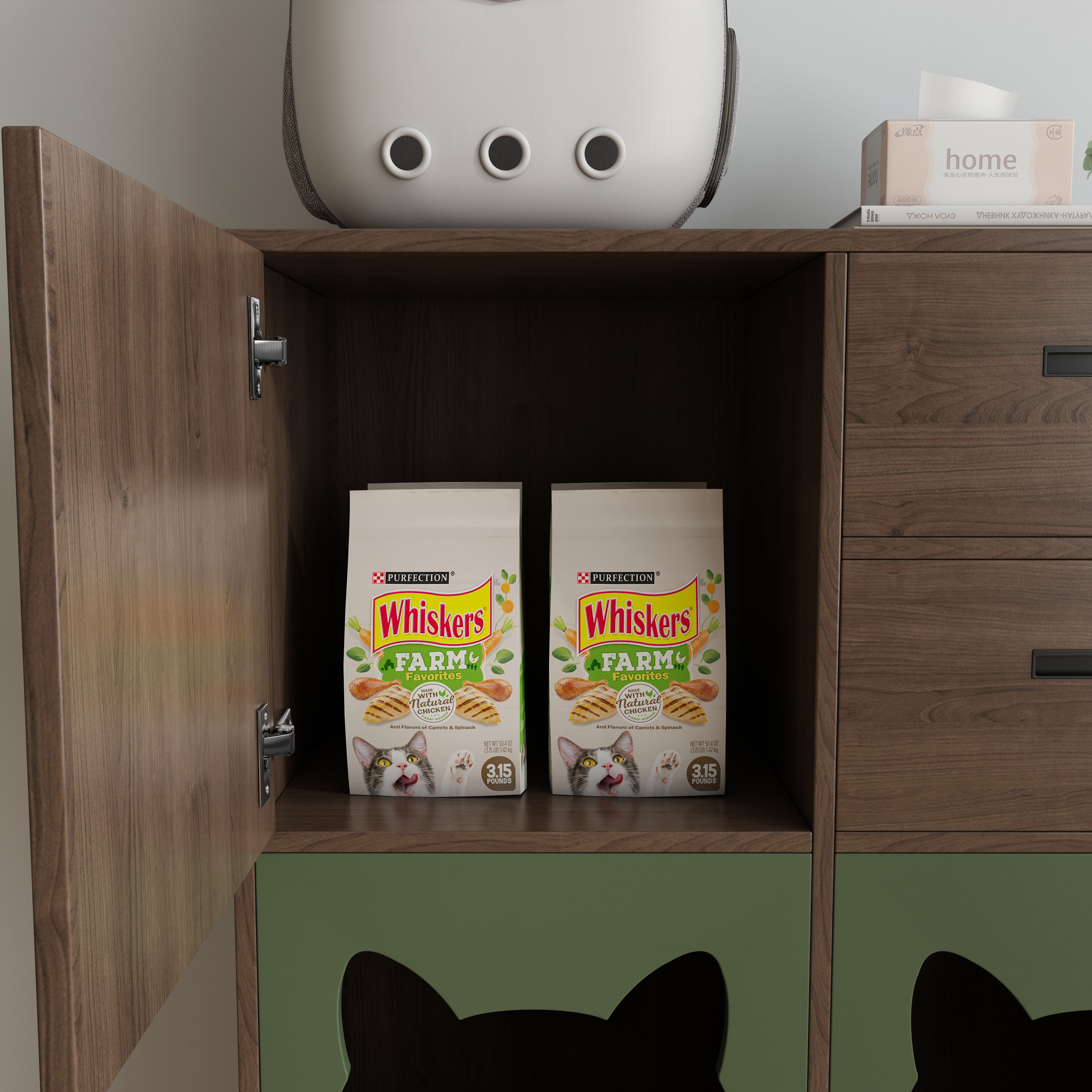 Vertical Two‑Tone Cat Cabinet with Triple Cat‑Ear Nooks, Feeding Station & Multi‑Drawer Storage