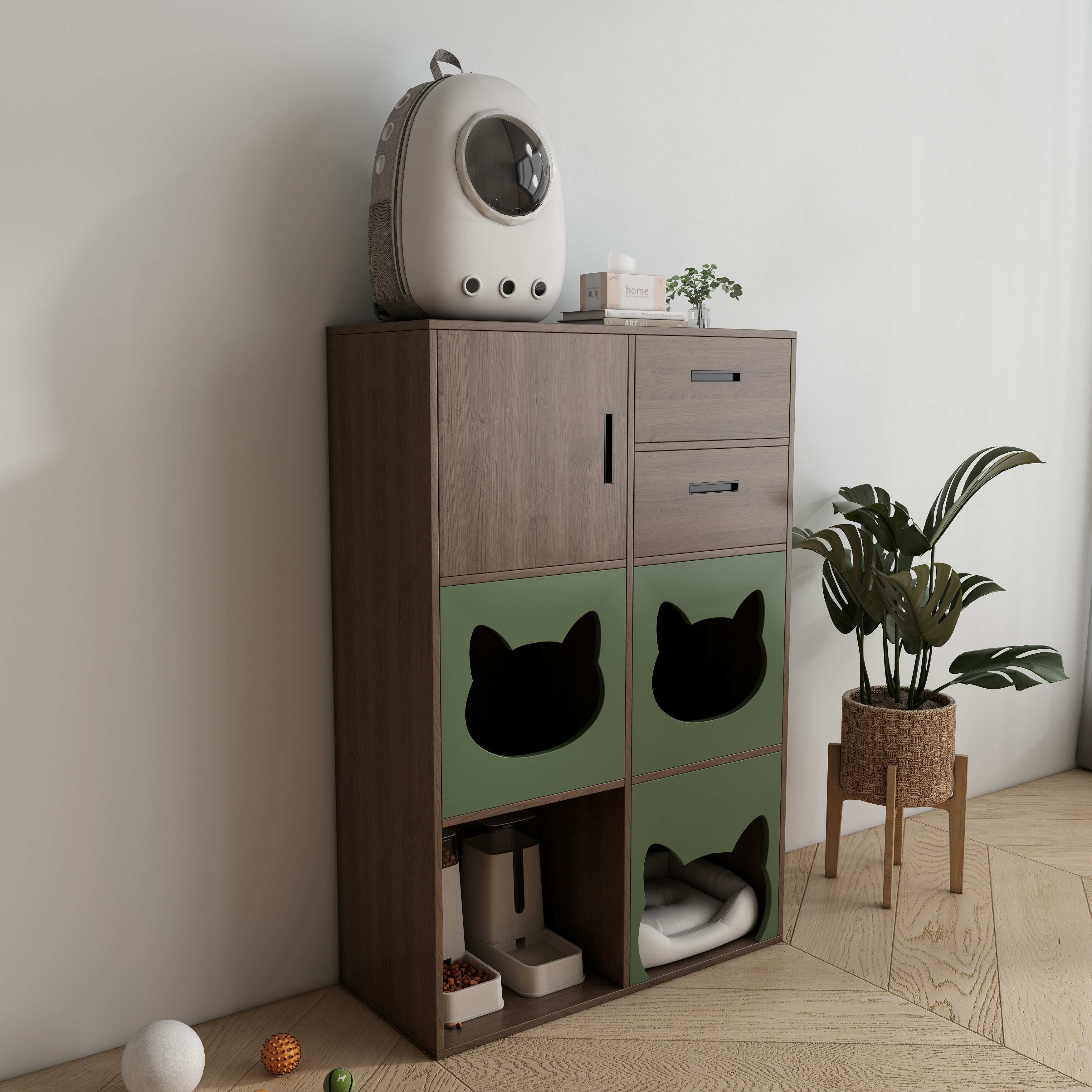 Vertical Two‑Tone Cat Cabinet with Triple Cat‑Ear Nooks, Feeding Station & Multi‑Drawer Storage