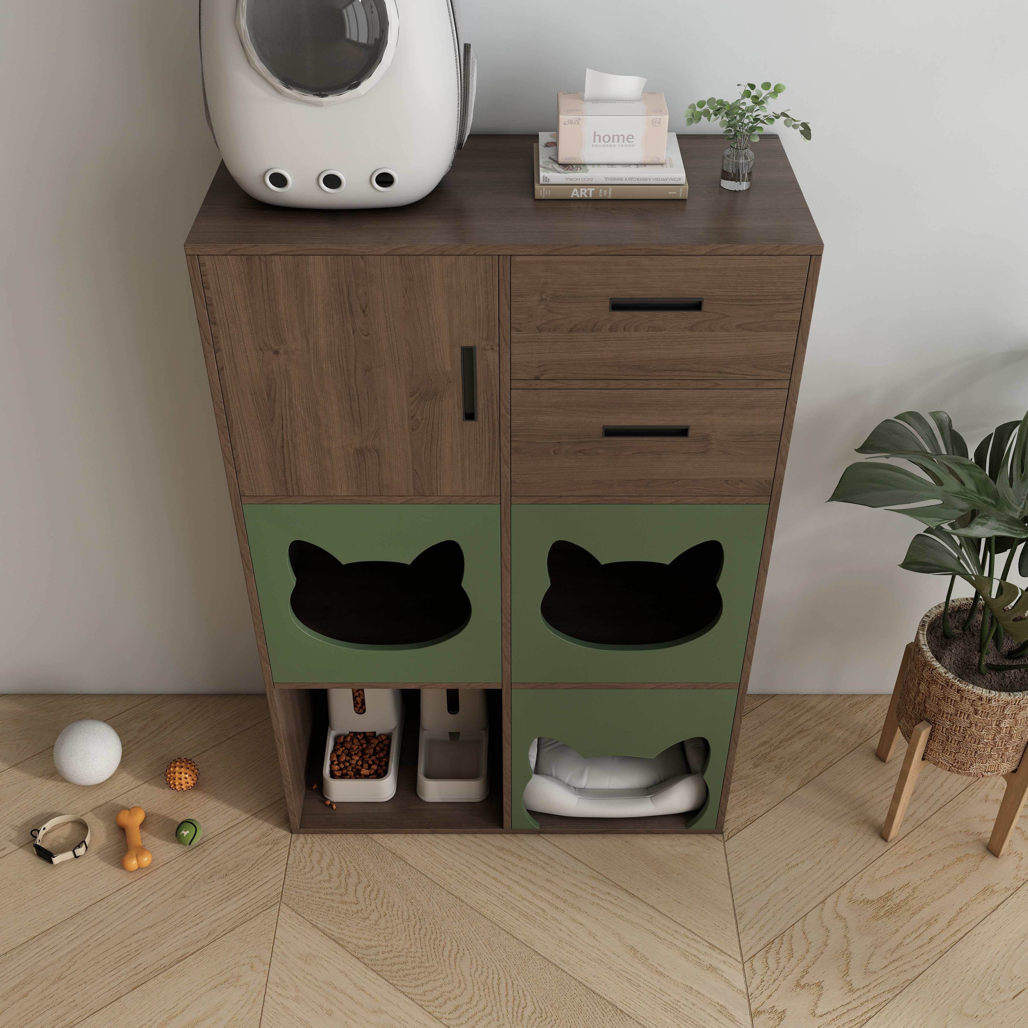 Vertical Two‑Tone Cat Cabinet with Triple Cat‑Ear Nooks, Feeding Station & Multi‑Drawer Storage