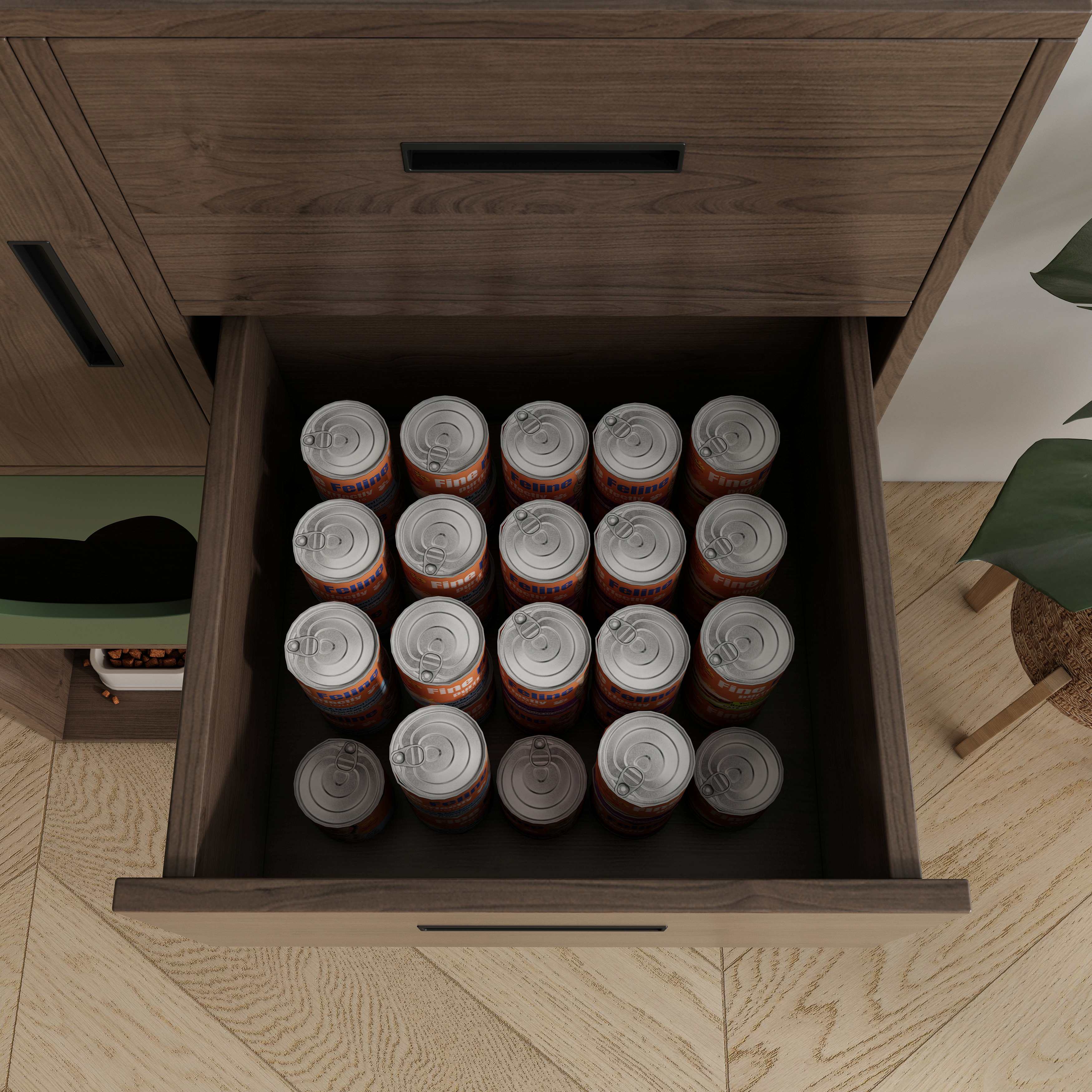 Vertical Two‑Tone Cat Cabinet with Triple Cat‑Ear Nooks, Feeding Station & Multi‑Drawer Storage