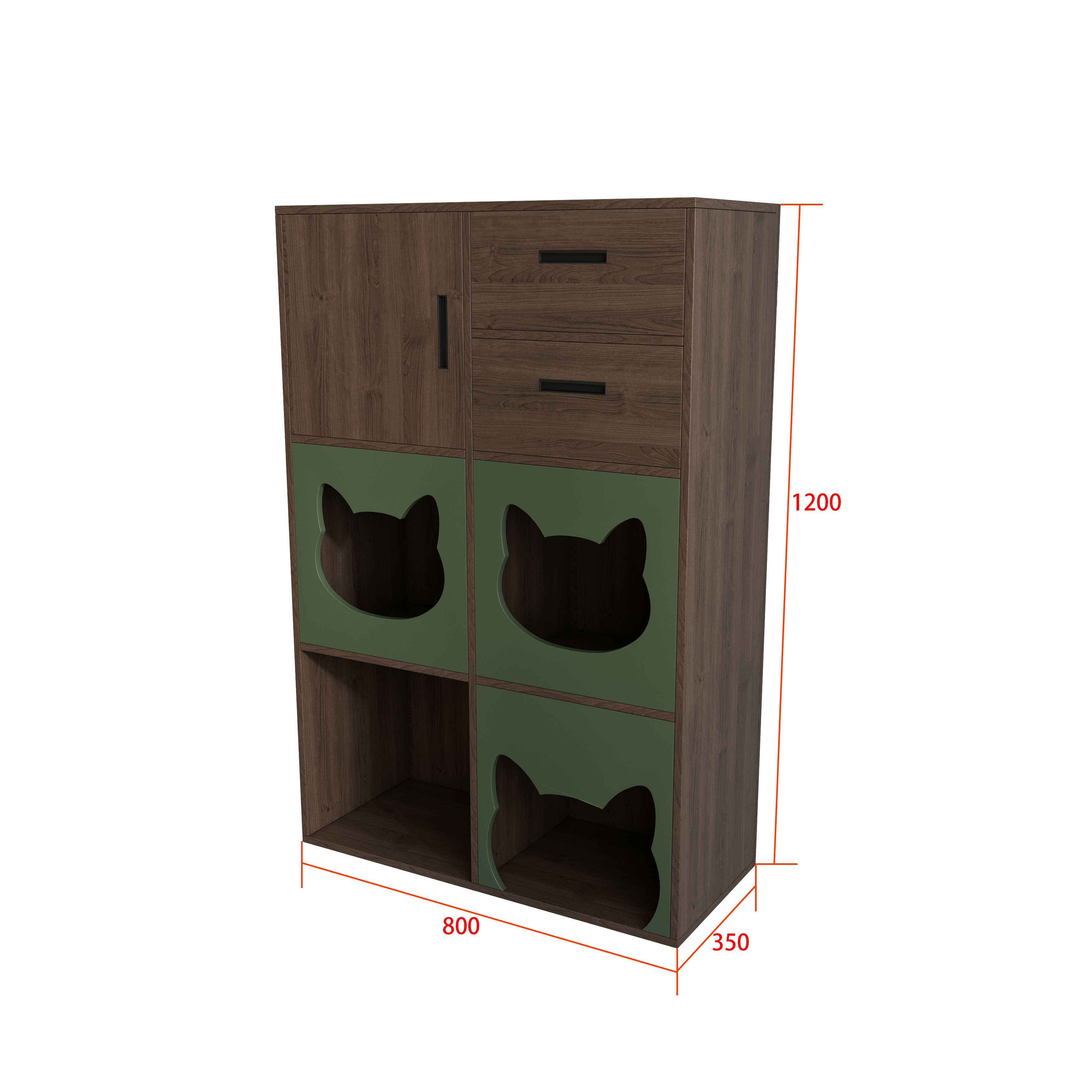 Vertical Two‑Tone Cat Cabinet with Triple Cat‑Ear Nooks, Feeding Station & Multi‑Drawer Storage