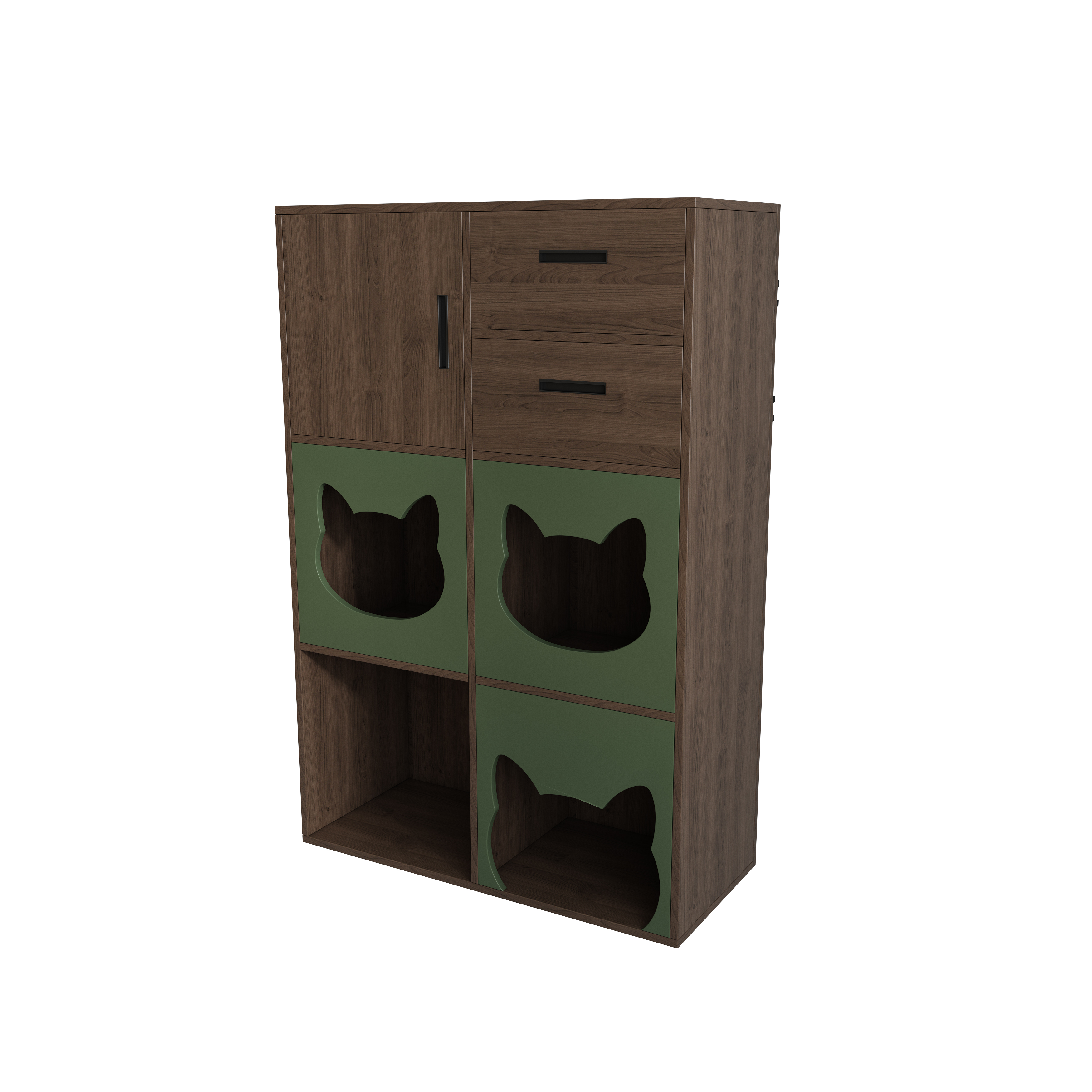 Vertical Two‑Tone Cat Cabinet with Triple Cat‑Ear Nooks, Feeding Station & Multi‑Drawer Storage