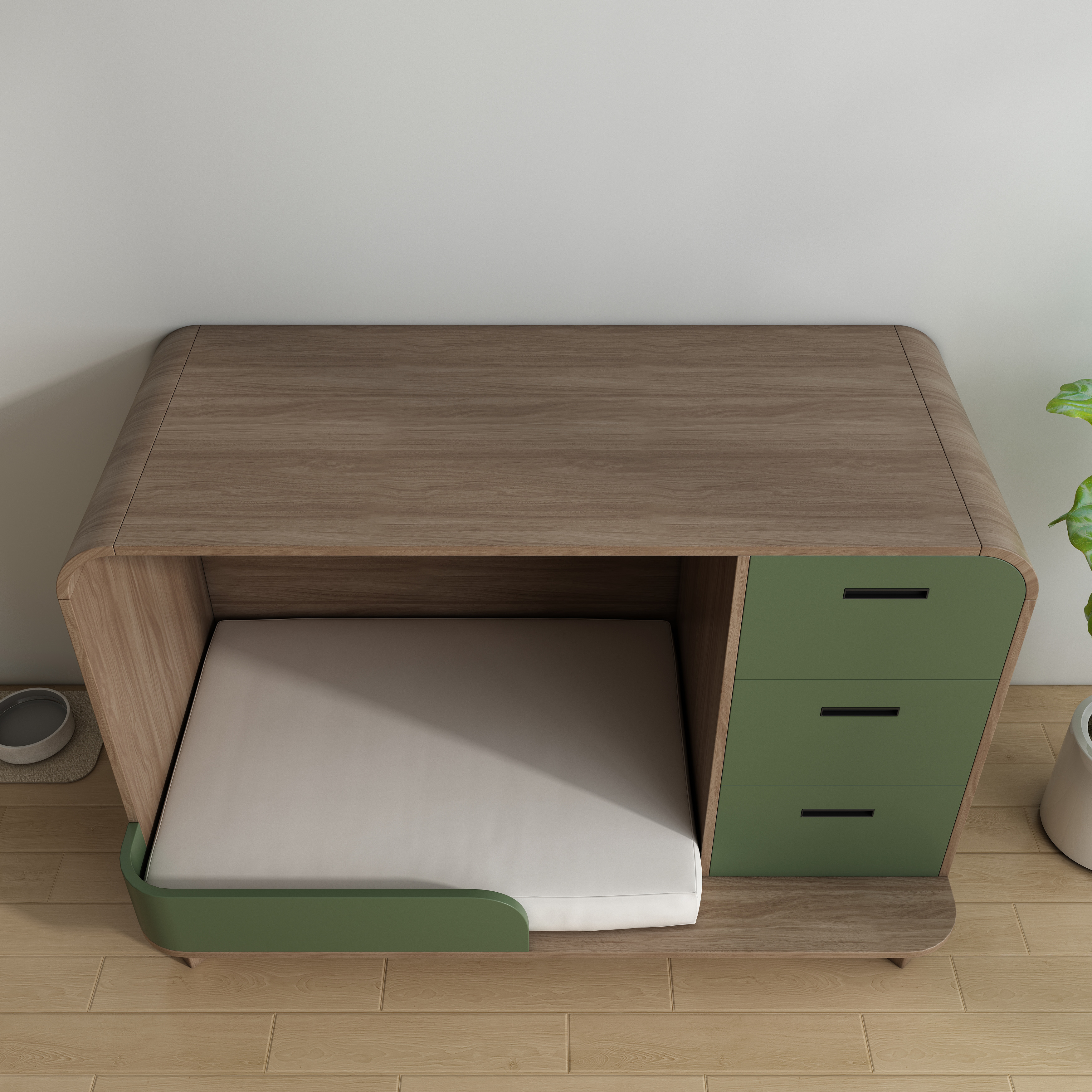 Modern Wooden Pet Bed Cabinet with Cushioned Lounging Nook & 3-Tier Green Drawers