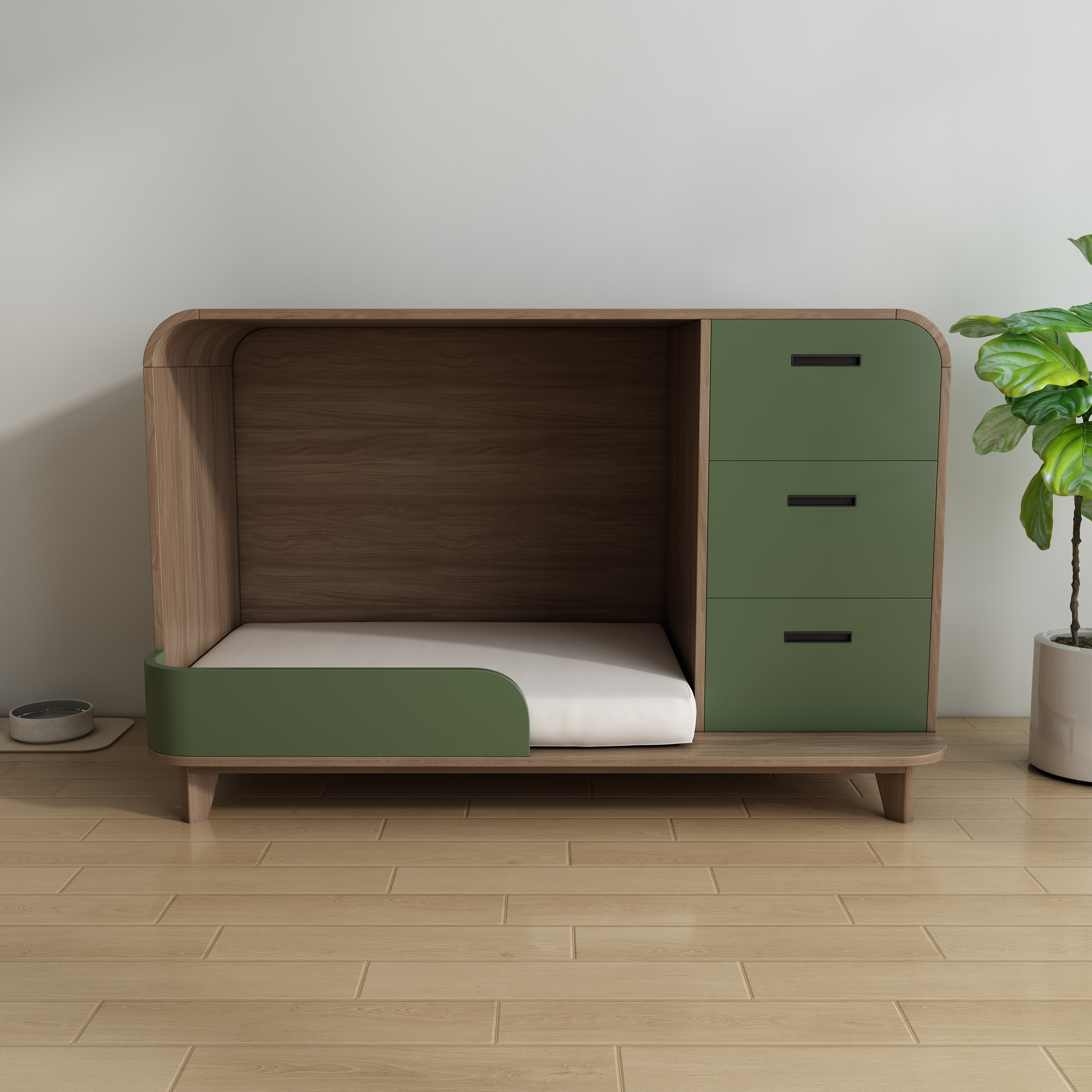 Modern Wooden Pet Bed Cabinet with Cushioned Lounging Nook & 3-Tier Green Drawers