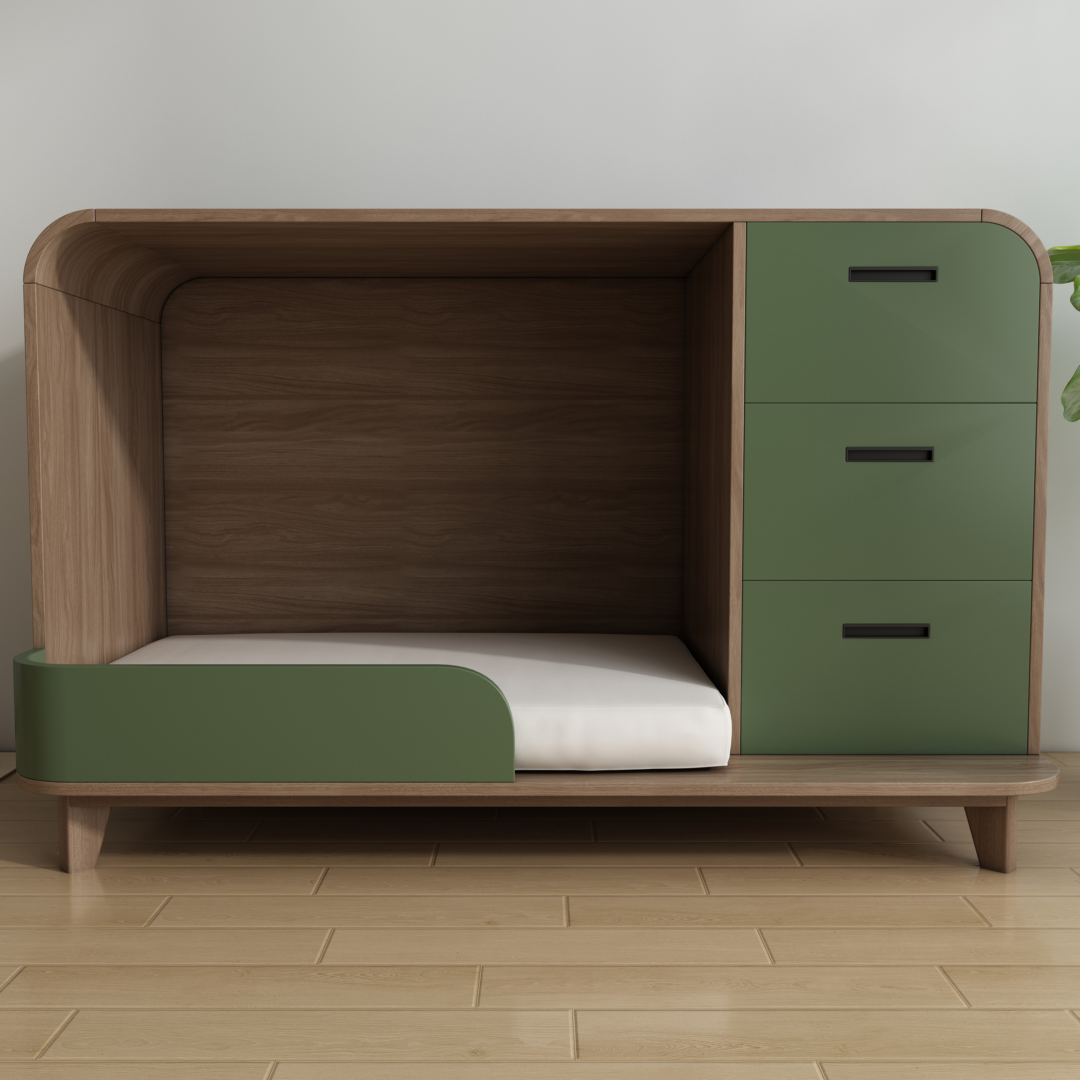 Modern Wooden Pet Bed Cabinet with Cushioned Lounging Nook & 3-Tier Green Drawers
