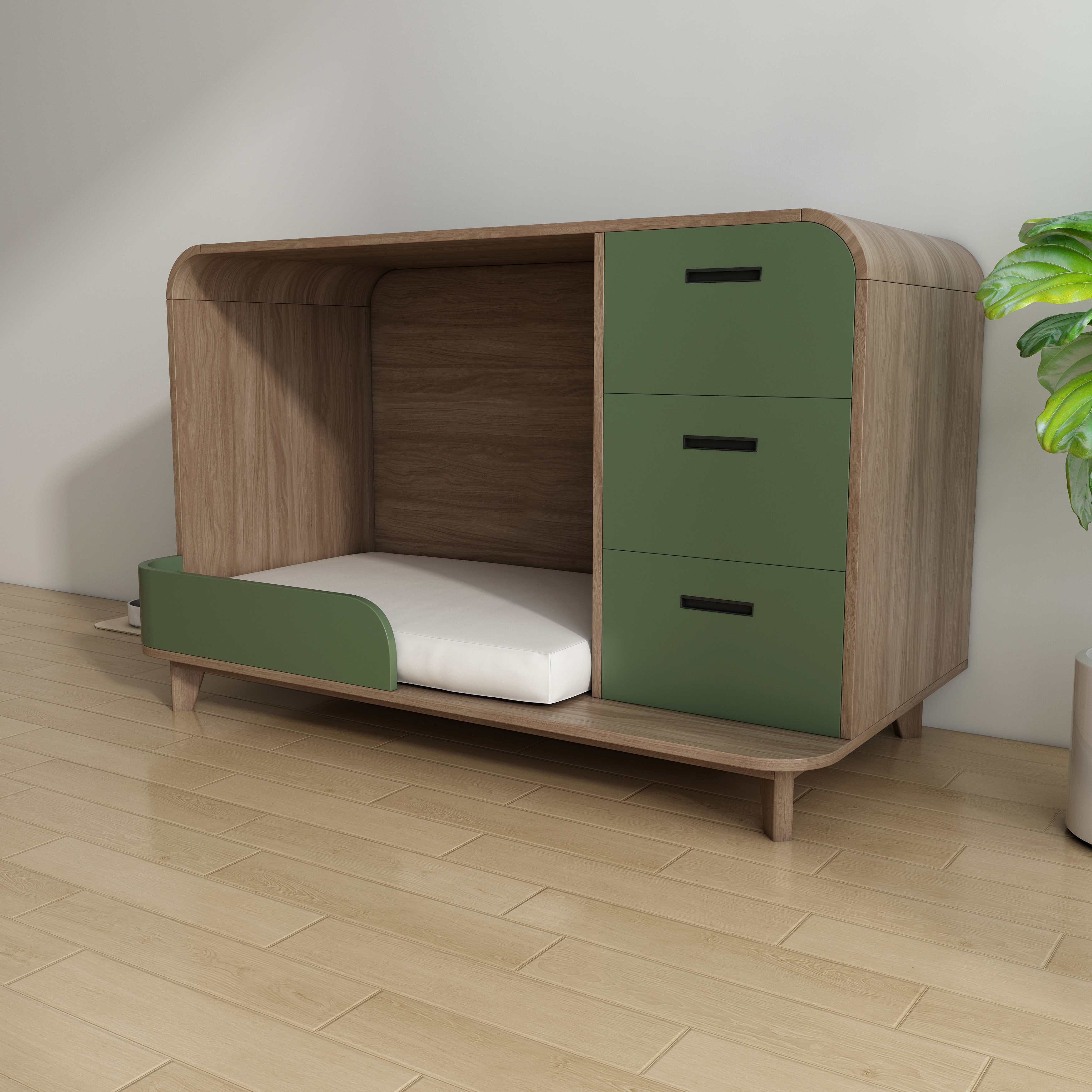 Modern Wooden Pet Bed Cabinet with Cushioned Lounging Nook & 3-Tier Green Drawers