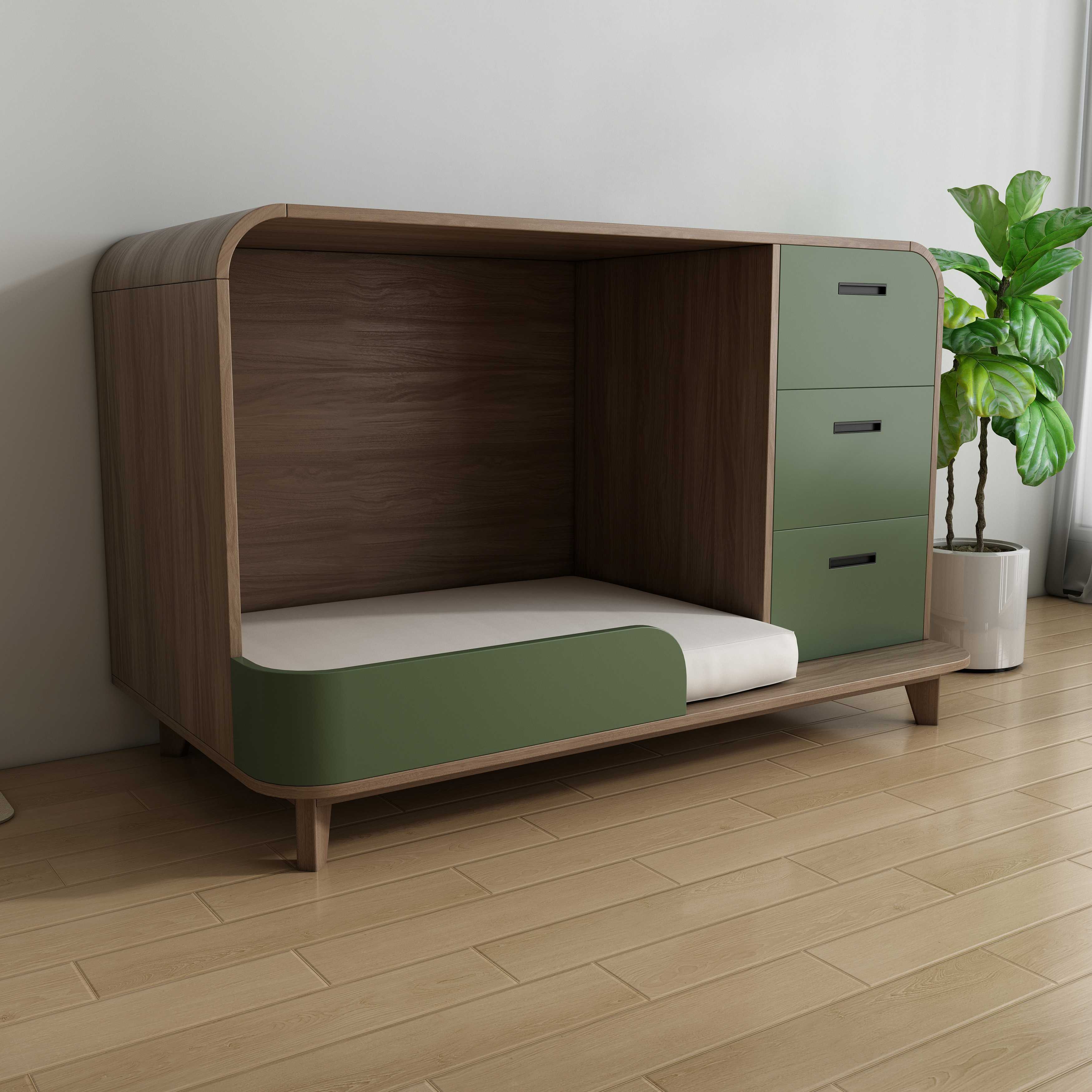 Modern Wooden Pet Bed Cabinet with Cushioned Lounging Nook & 3-Tier Green Drawers