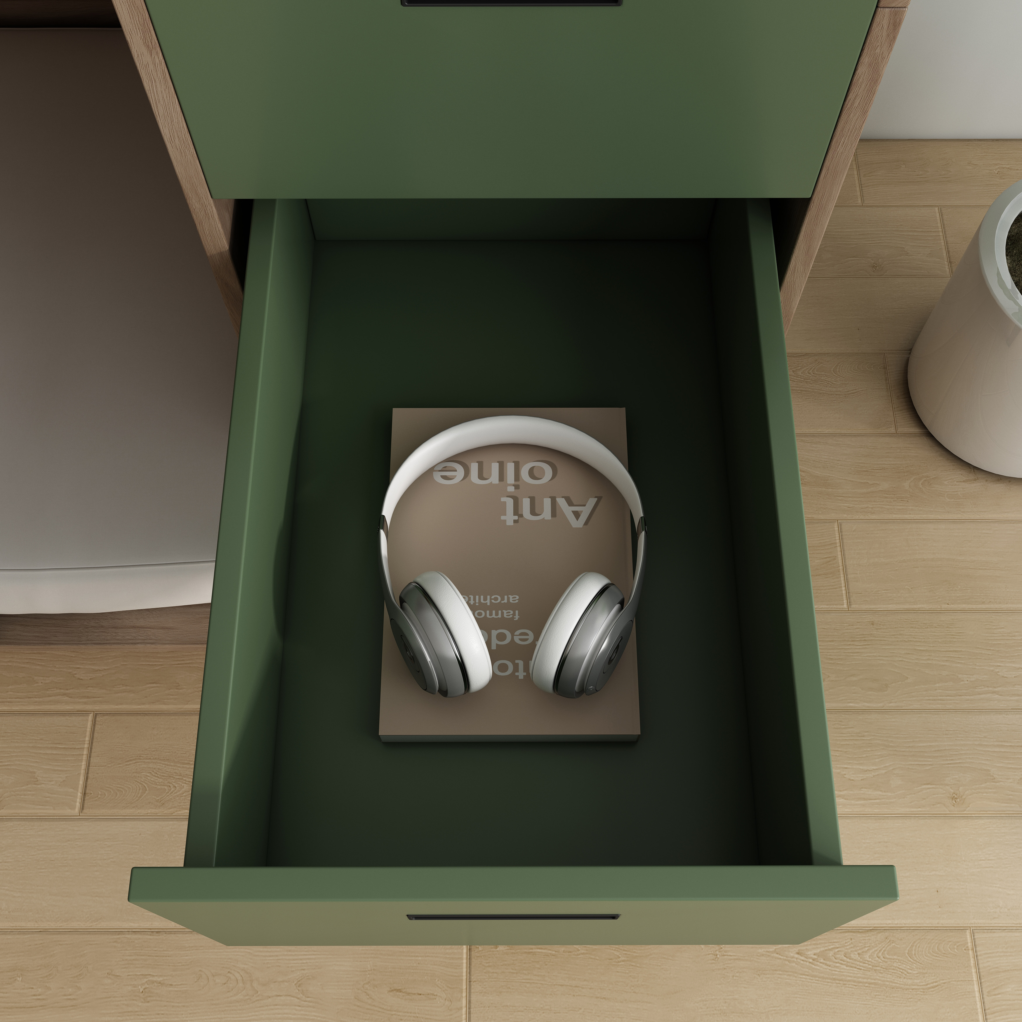 Modern Wooden Pet Bed Cabinet with Cushioned Lounging Nook & 3-Tier Green Drawers