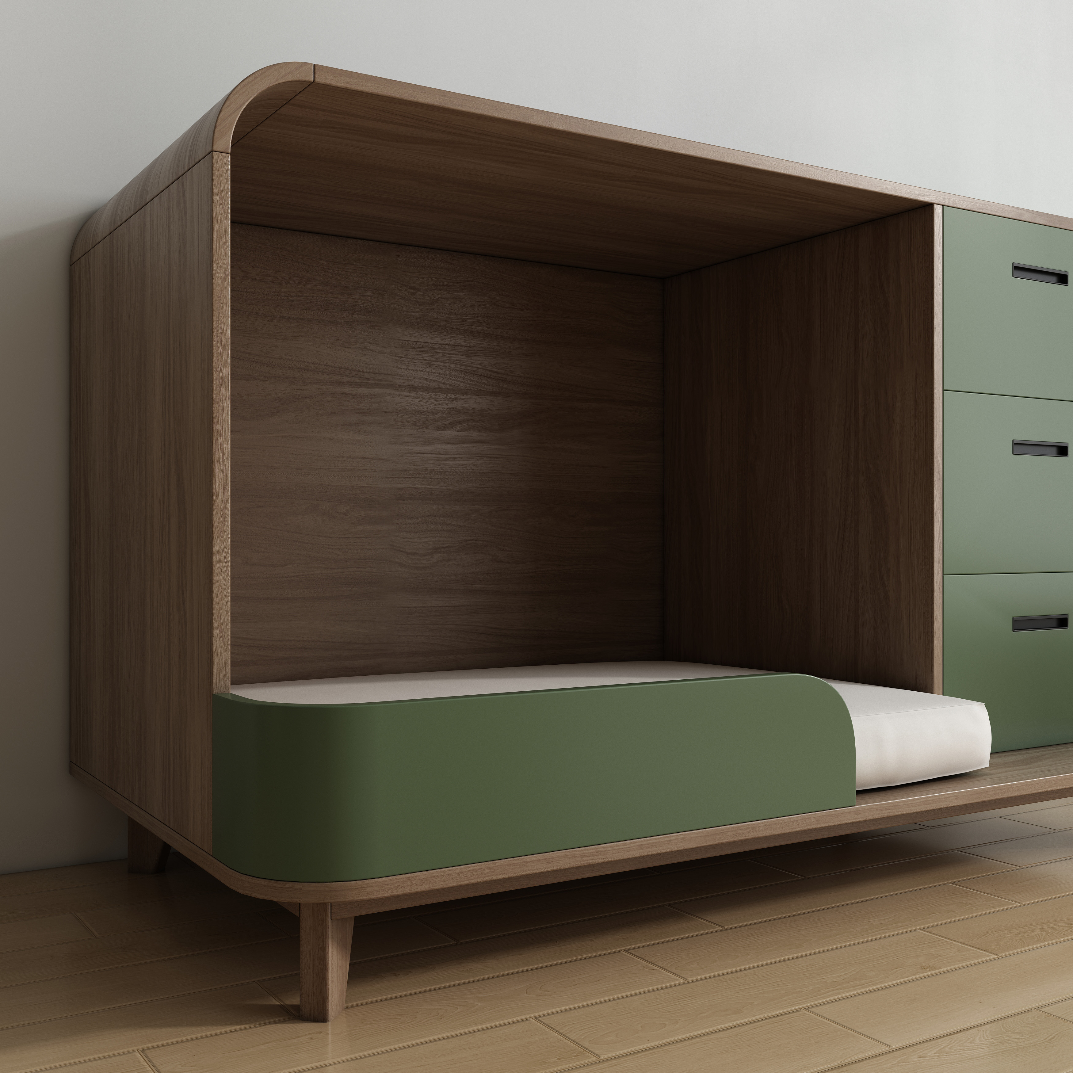 Modern Wooden Pet Bed Cabinet with Cushioned Lounging Nook & 3-Tier Green Drawers