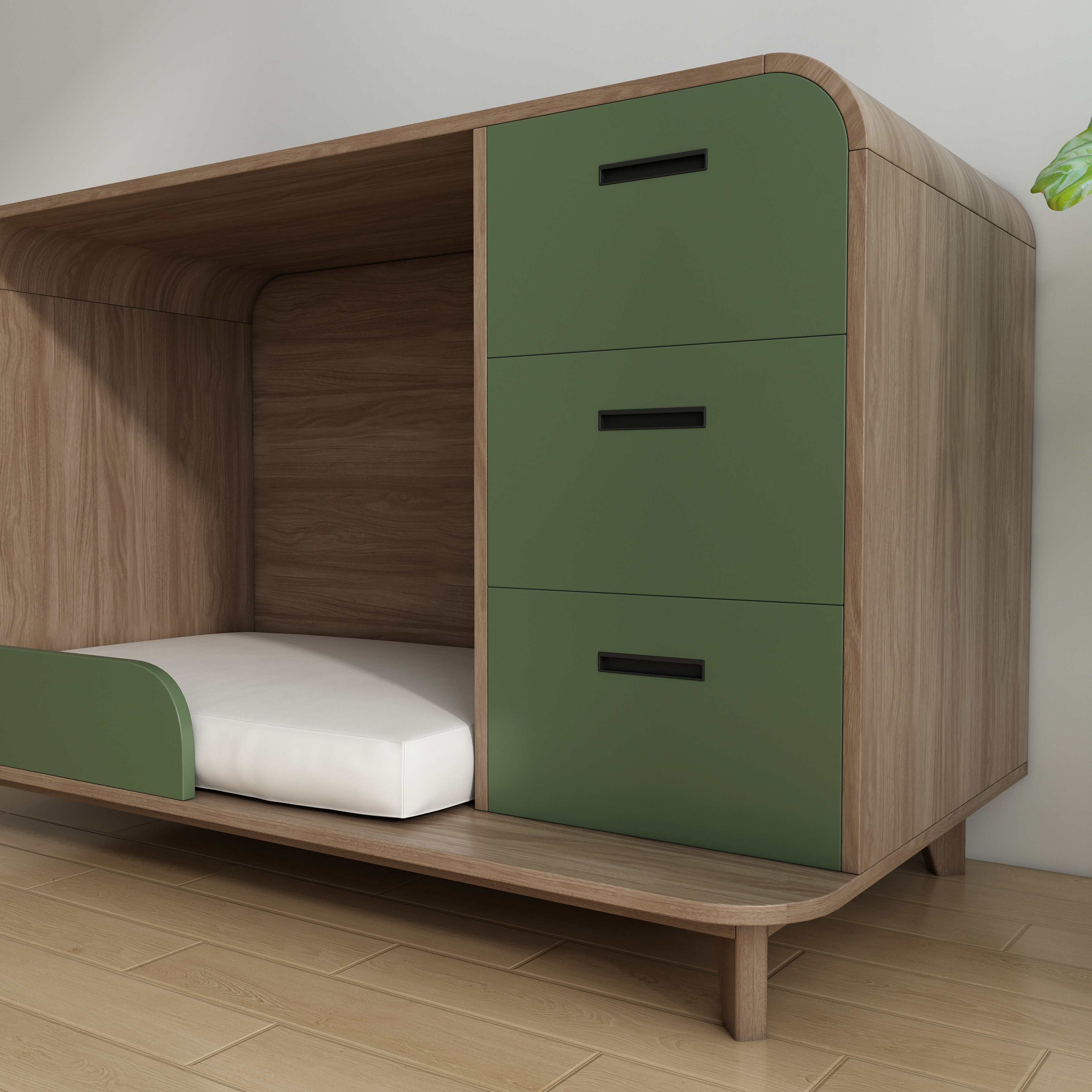 Modern Wooden Pet Bed Cabinet with Cushioned Lounging Nook & 3-Tier Green Drawers