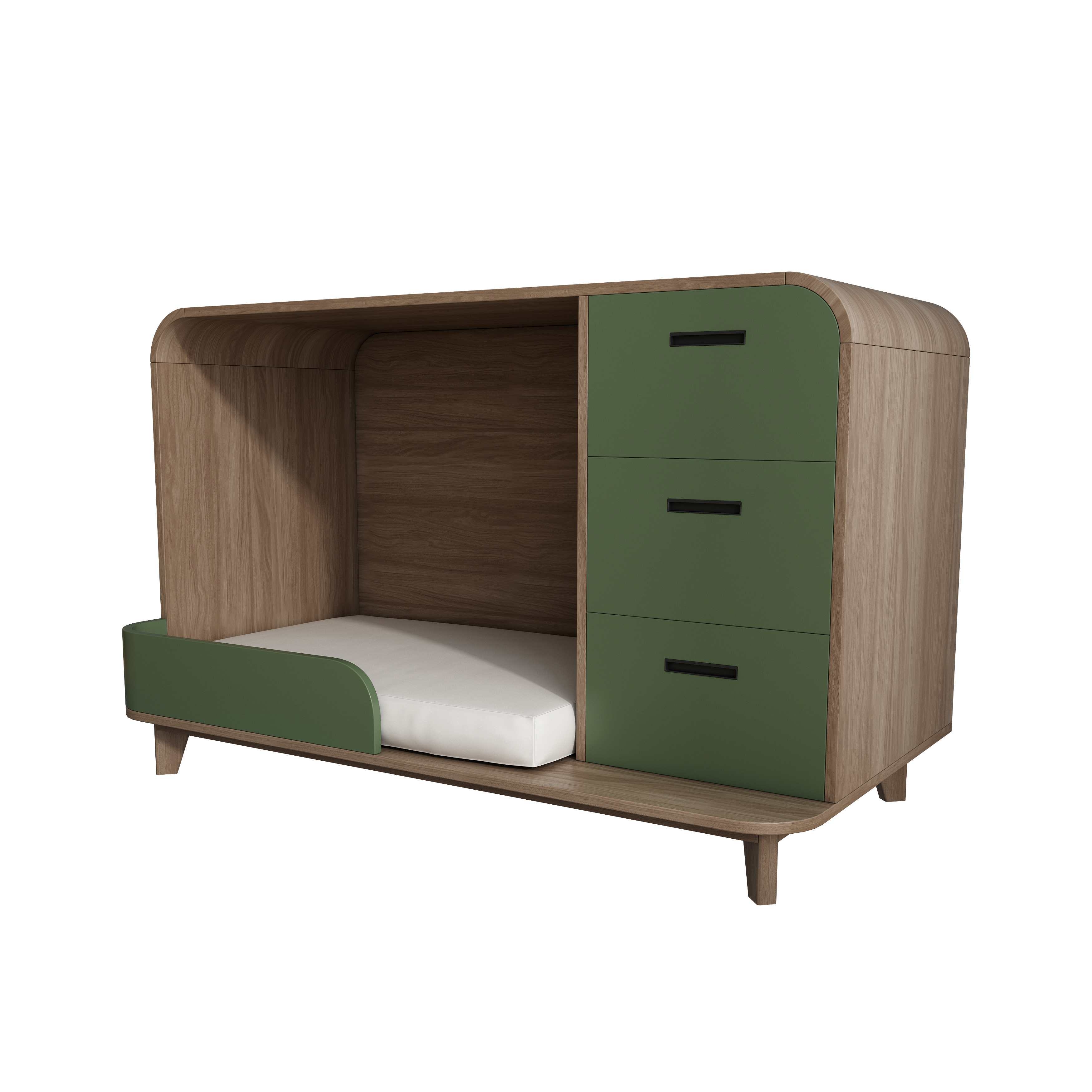 Modern Wooden Pet Bed Cabinet with Cushioned Lounging Nook & 3-Tier Green Drawers