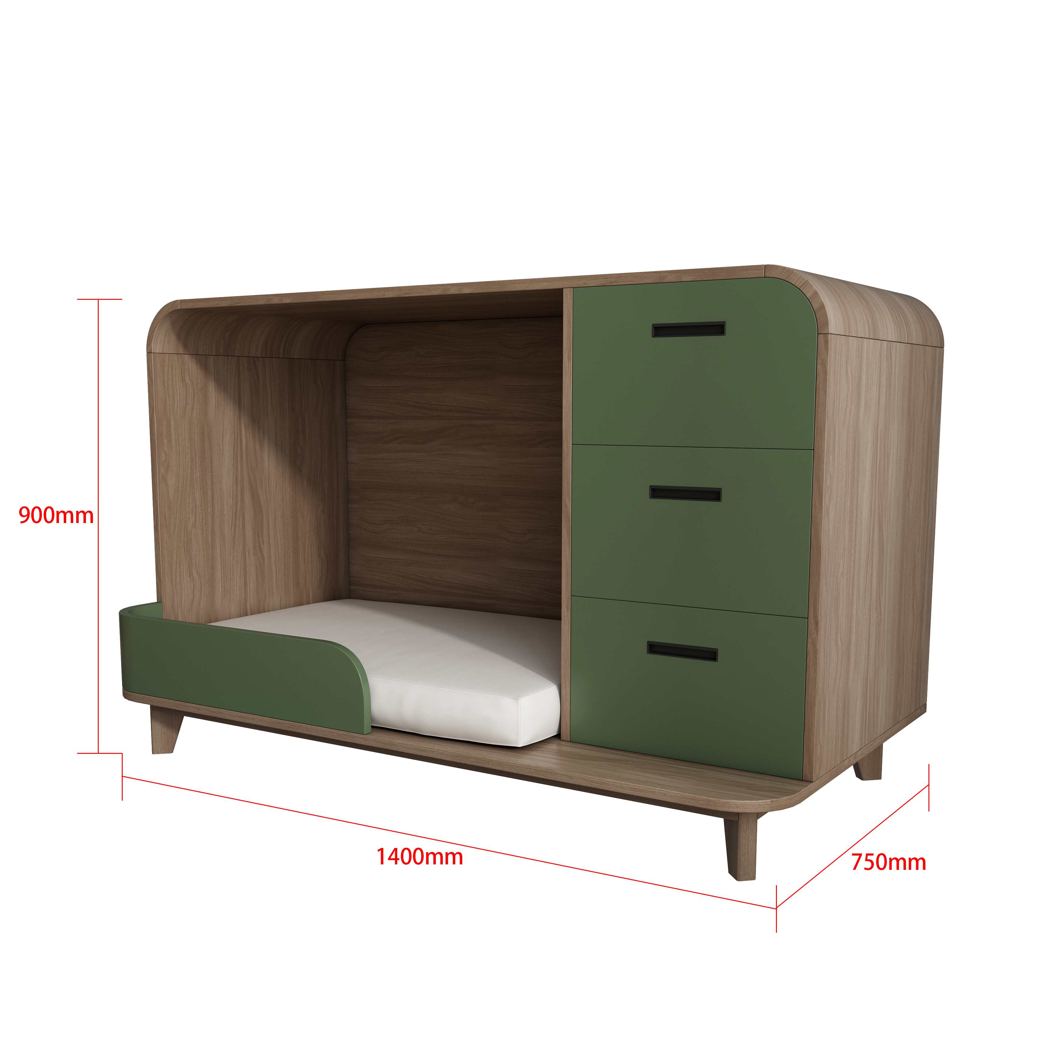 Modern Wooden Pet Bed Cabinet with Cushioned Lounging Nook & 3-Tier Green Drawers