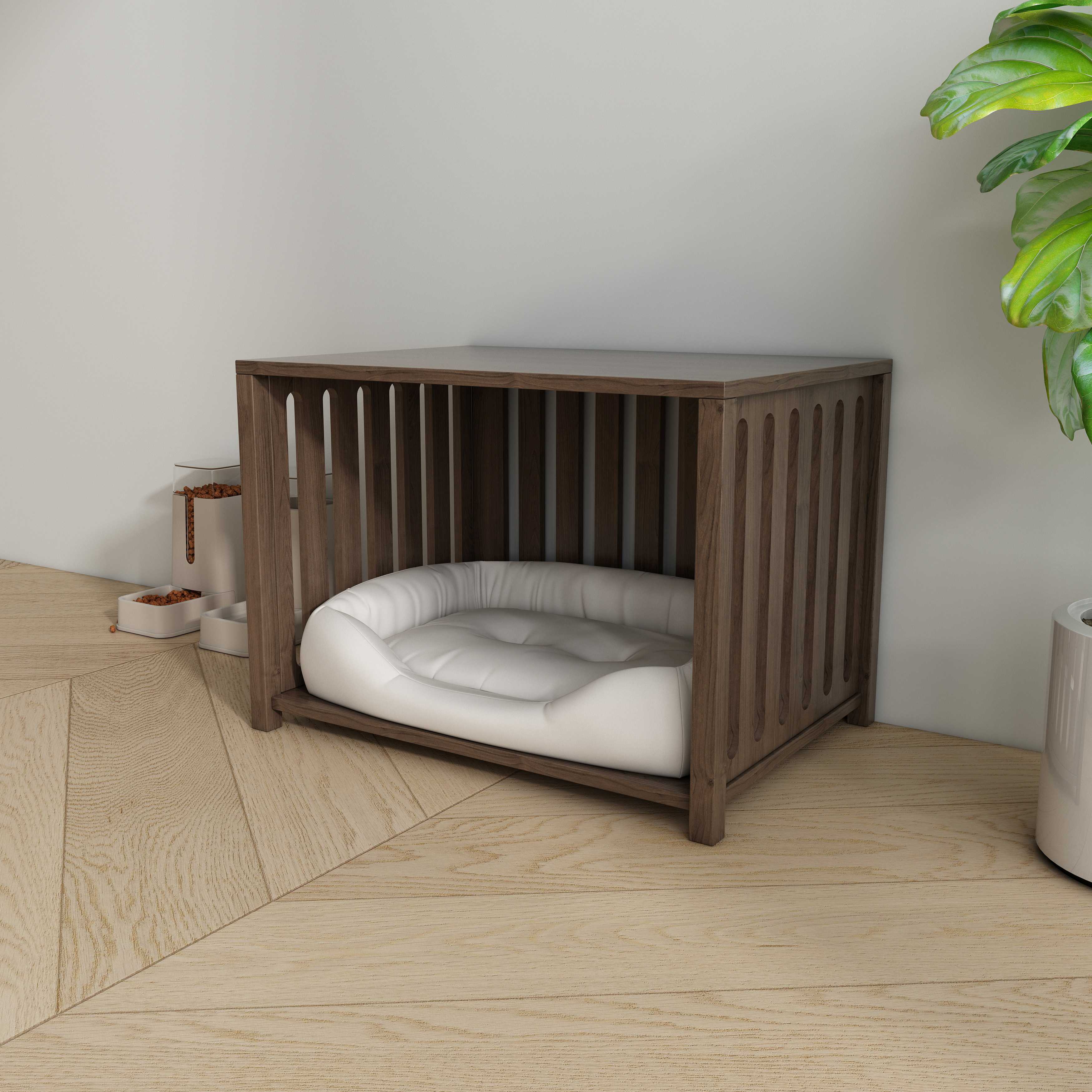 Wooden Dog Crate Side Table with Cushioned Bed, Slatted Panels & Hidden Pet Space