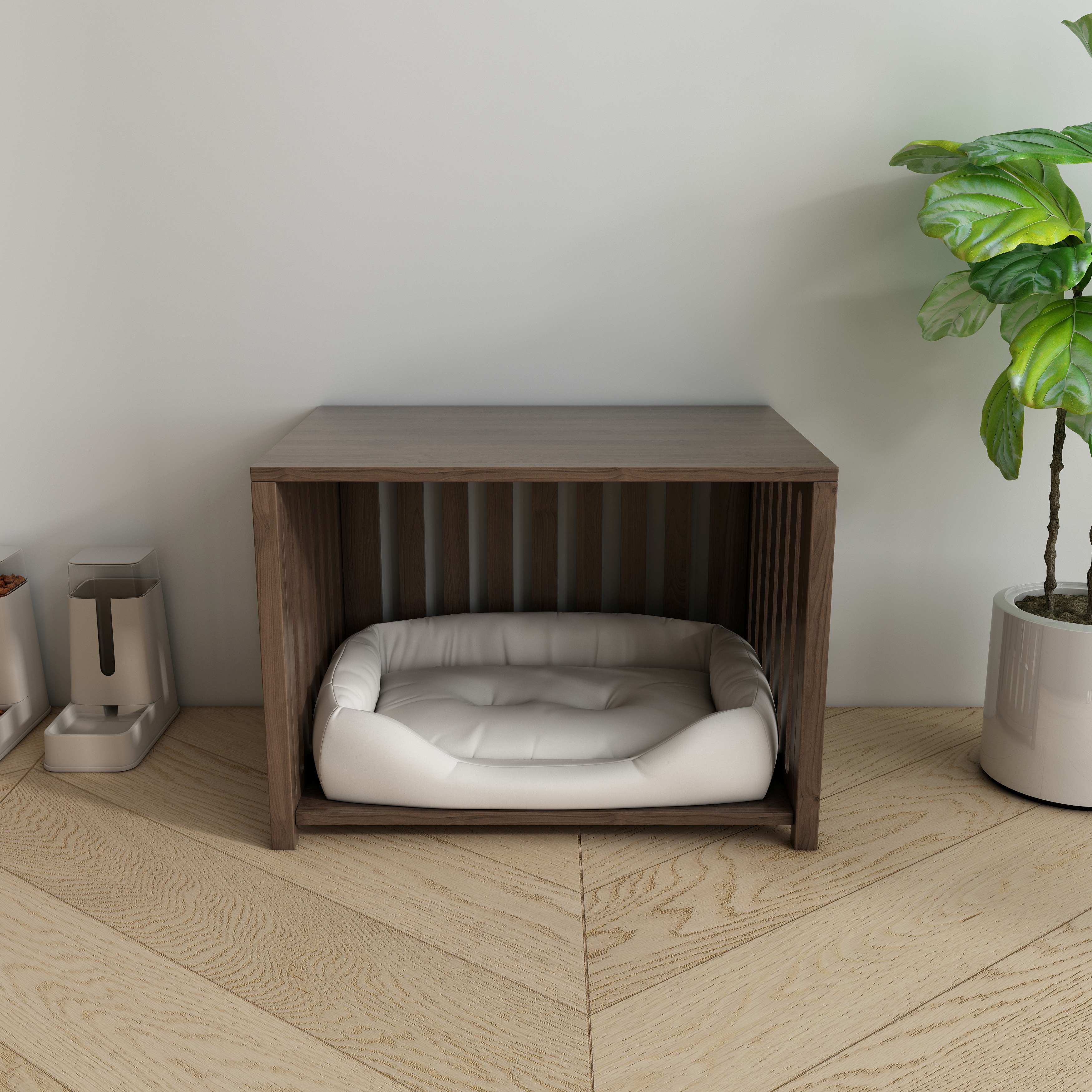 Wooden Dog Crate Side Table with Cushioned Bed, Slatted Panels & Hidden Pet Space