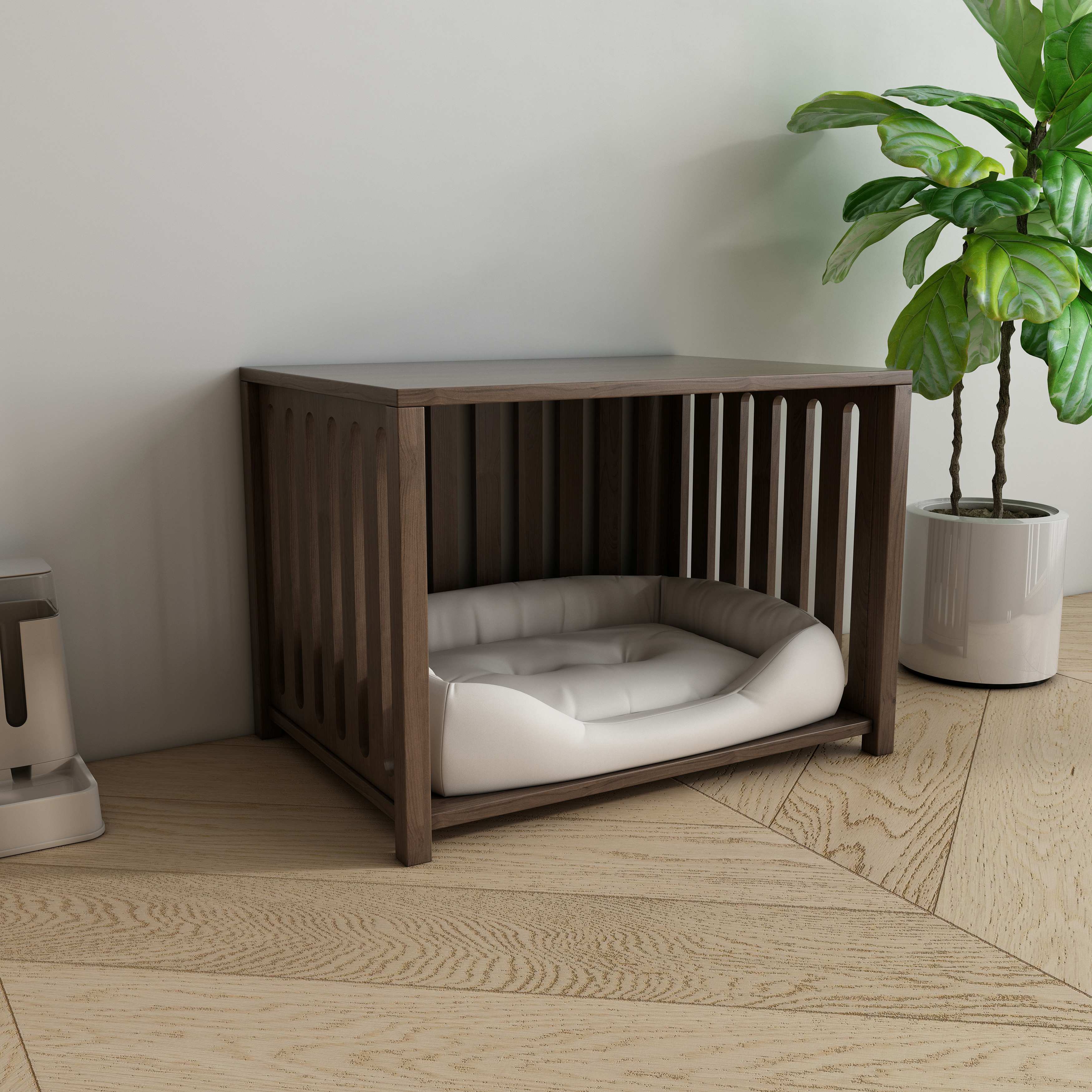 Wooden Dog Crate Side Table with Cushioned Bed, Slatted Panels & Hidden Pet Space