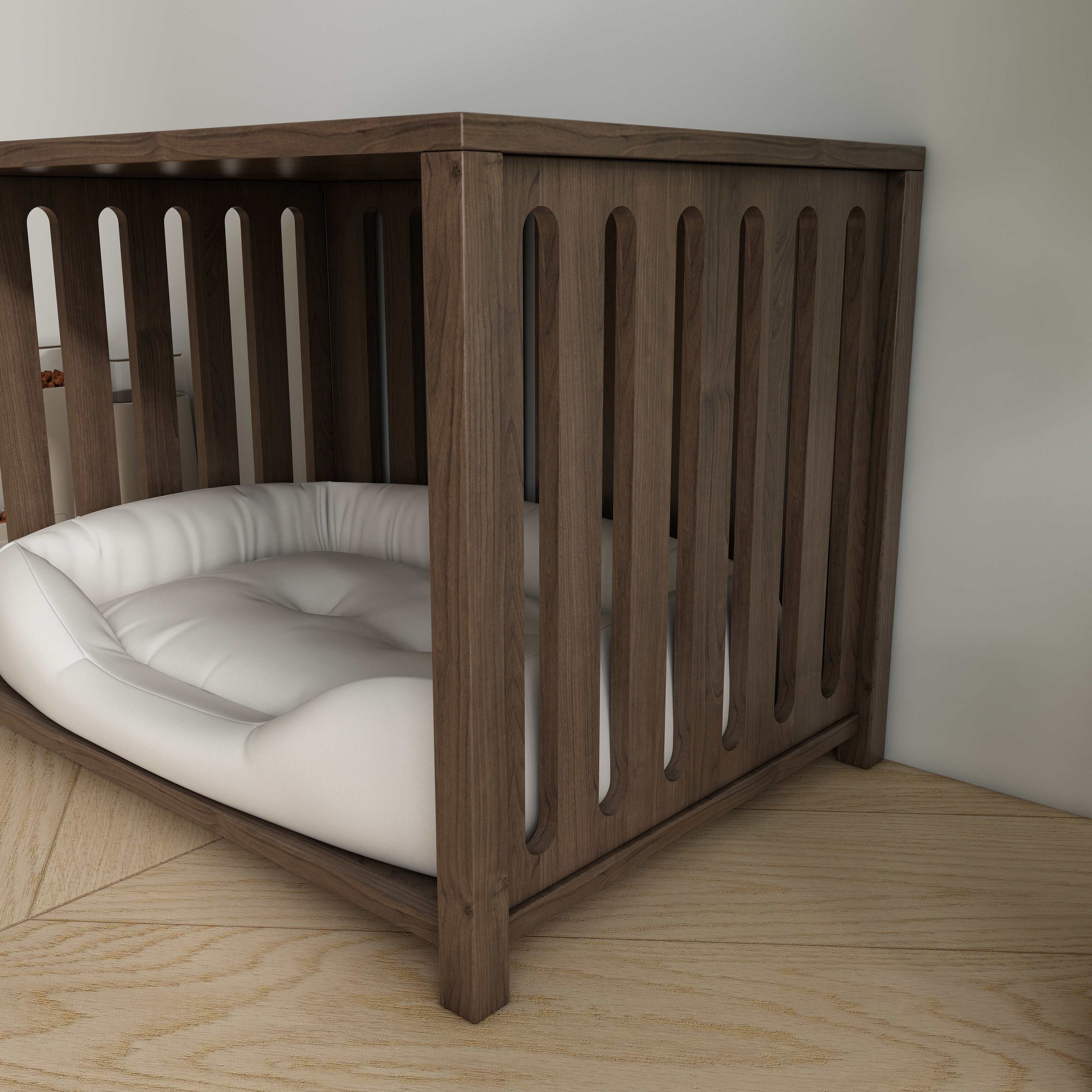 Wooden Dog Crate Side Table with Cushioned Bed, Slatted Panels & Hidden Pet Space