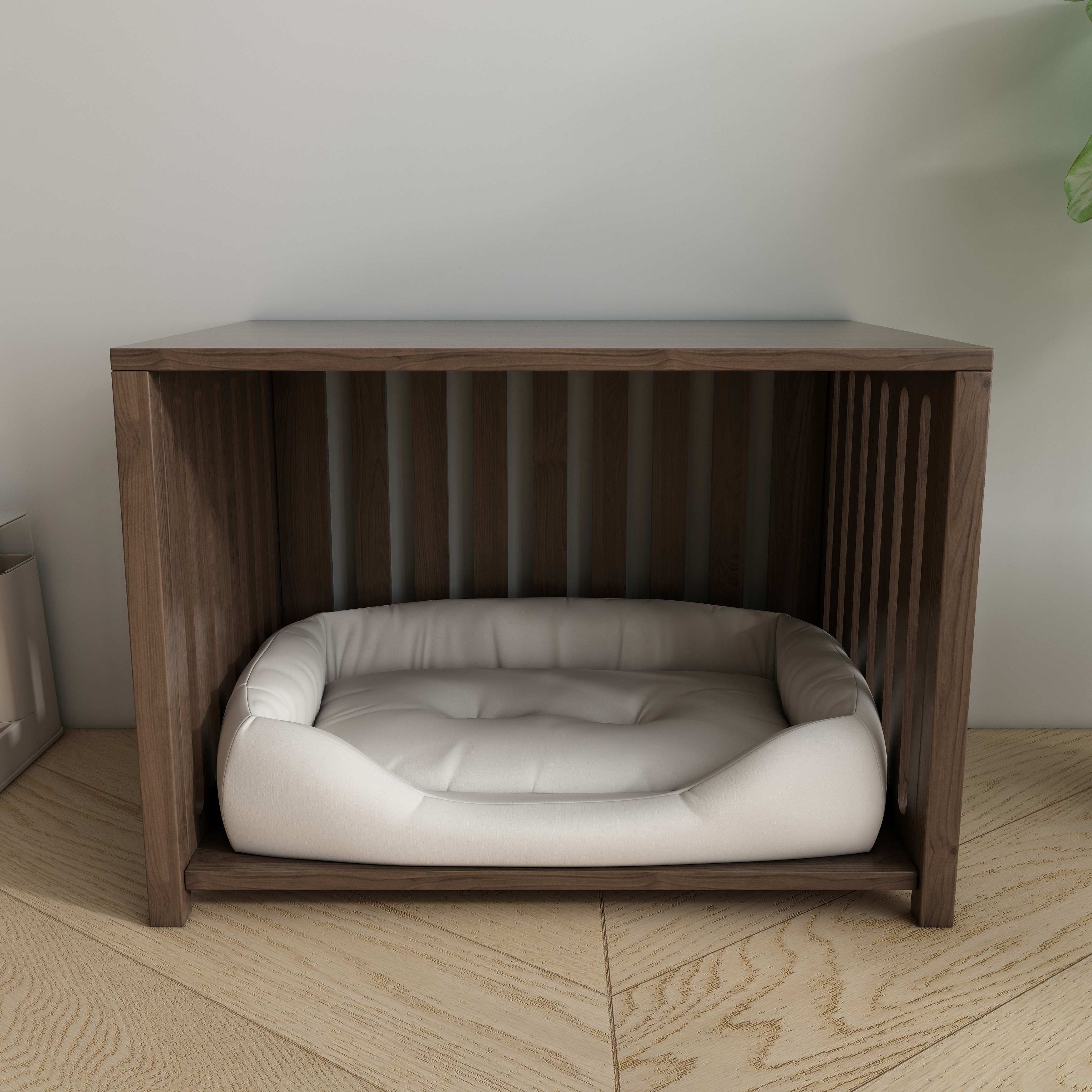 Wooden Dog Crate Side Table with Cushioned Bed, Slatted Panels & Hidden Pet Space