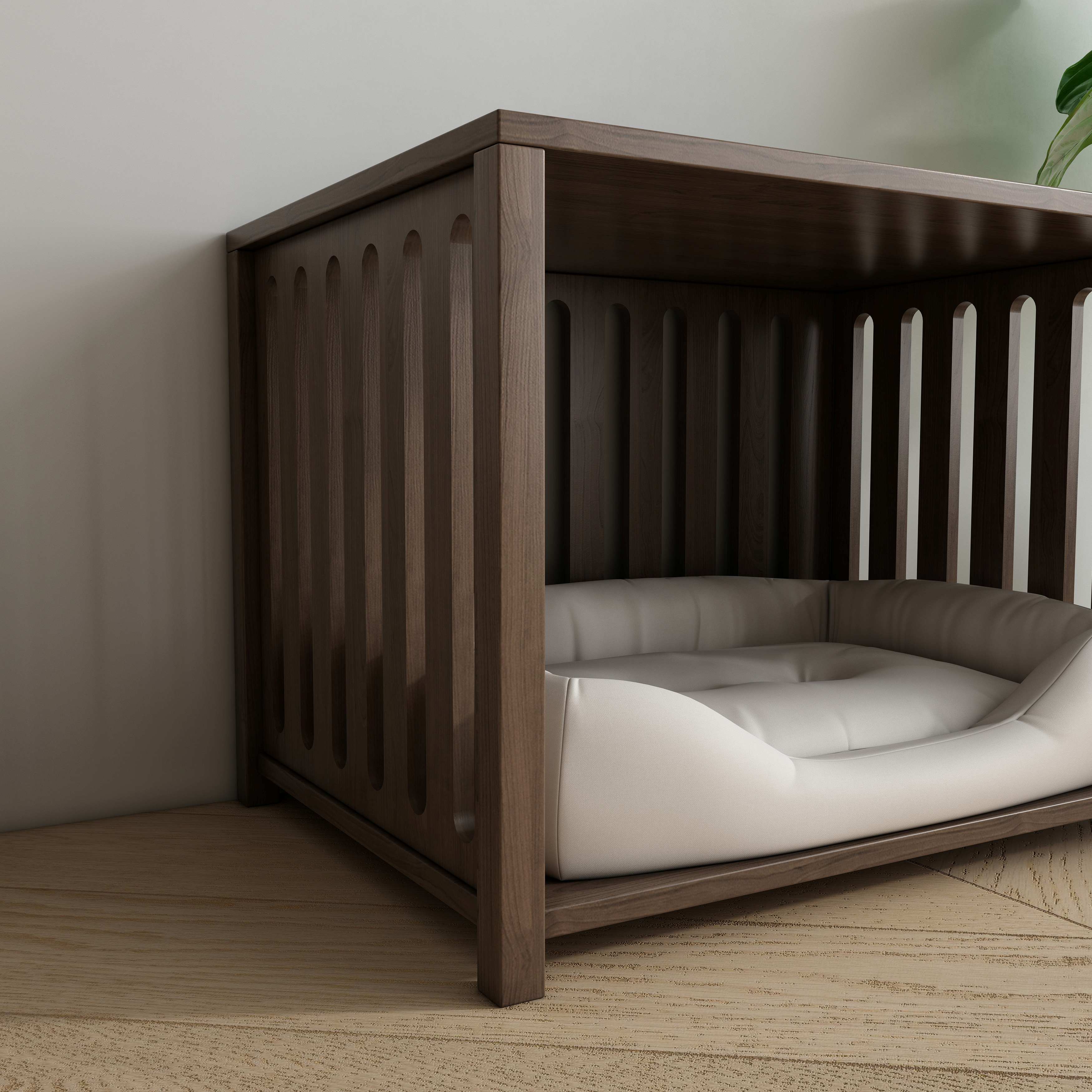 Wooden Dog Crate Side Table with Cushioned Bed, Slatted Panels & Hidden Pet Space