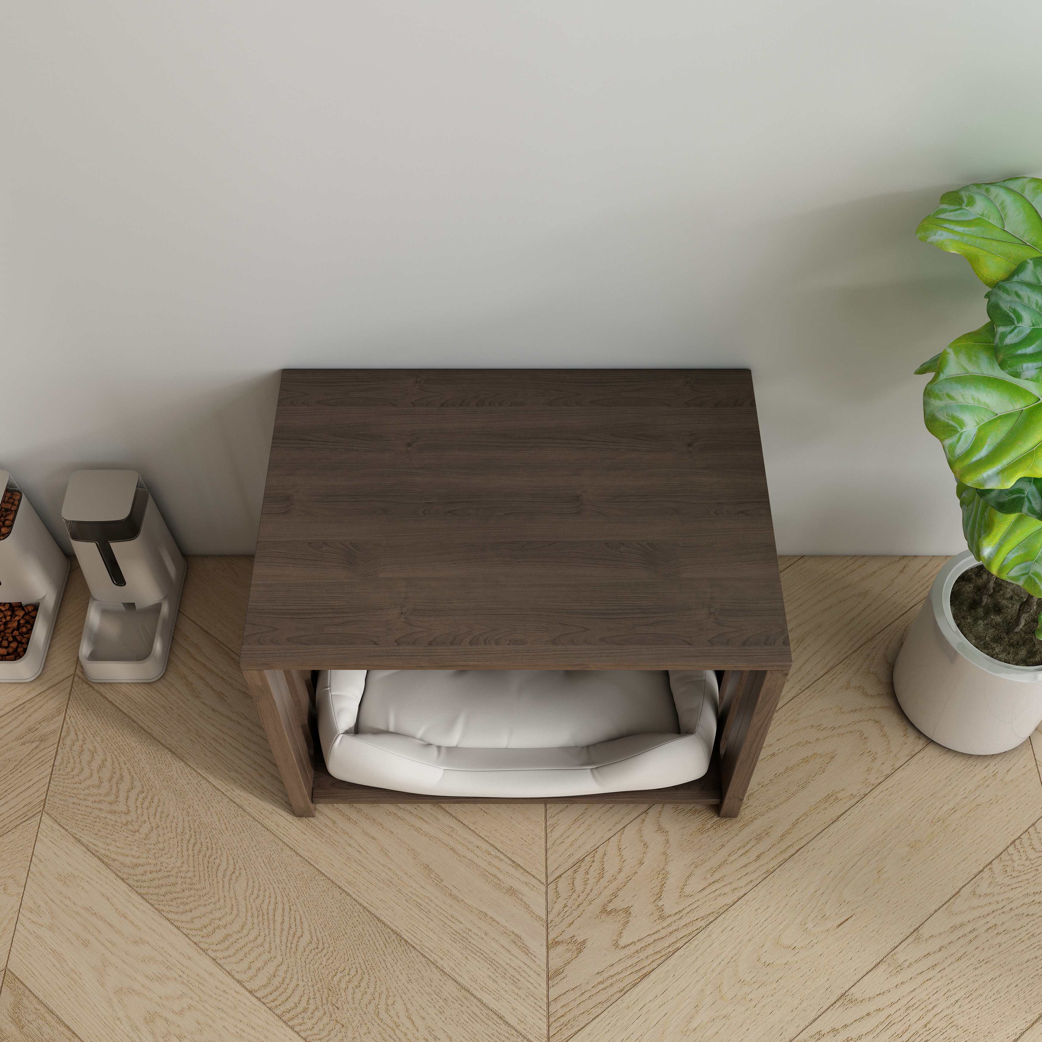 Wooden Dog Crate Side Table with Cushioned Bed, Slatted Panels & Hidden Pet Space