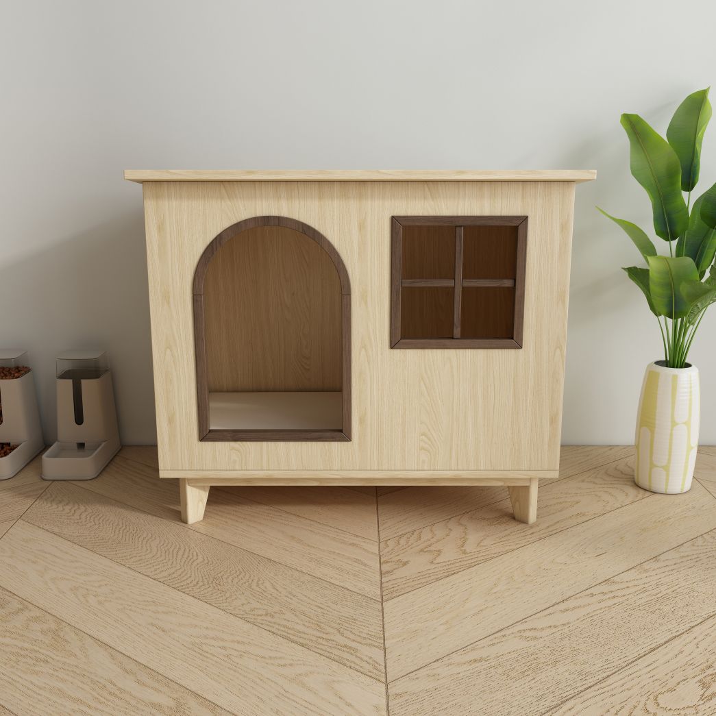Wooden Cat House with Arched Door & Grid Window, Elevated Pet Shelter for Indoor Cats