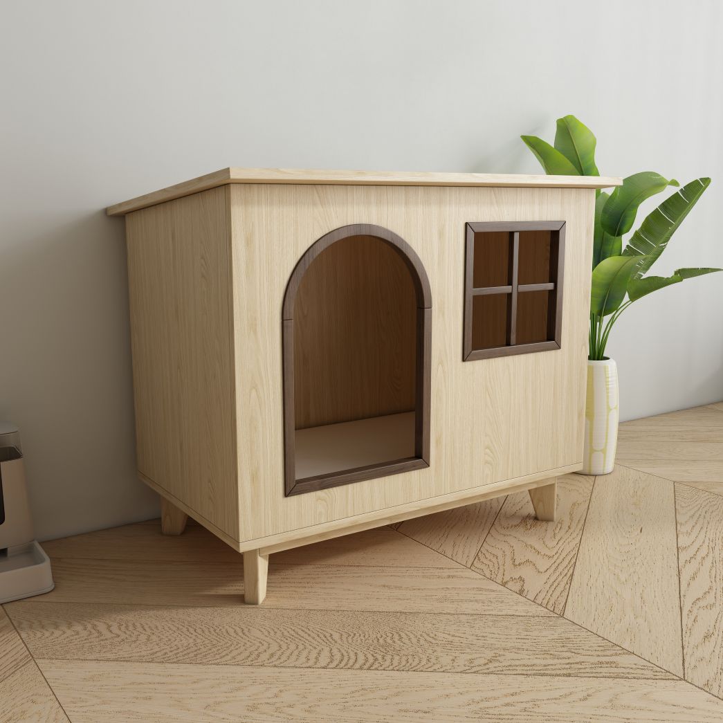 Wooden Cat House with Arched Door & Grid Window, Elevated Pet Shelter for Indoor Cats