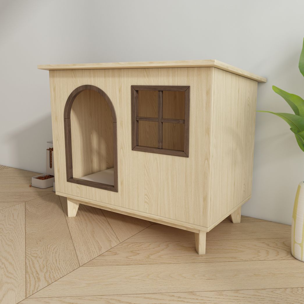 Wooden Cat House with Arched Door & Grid Window, Elevated Pet Shelter for Indoor Cats