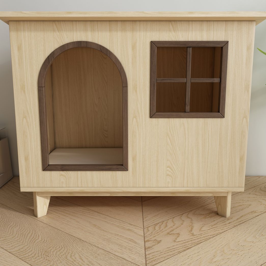 Wooden Cat House with Arched Door & Grid Window, Elevated Pet Shelter for Indoor Cats