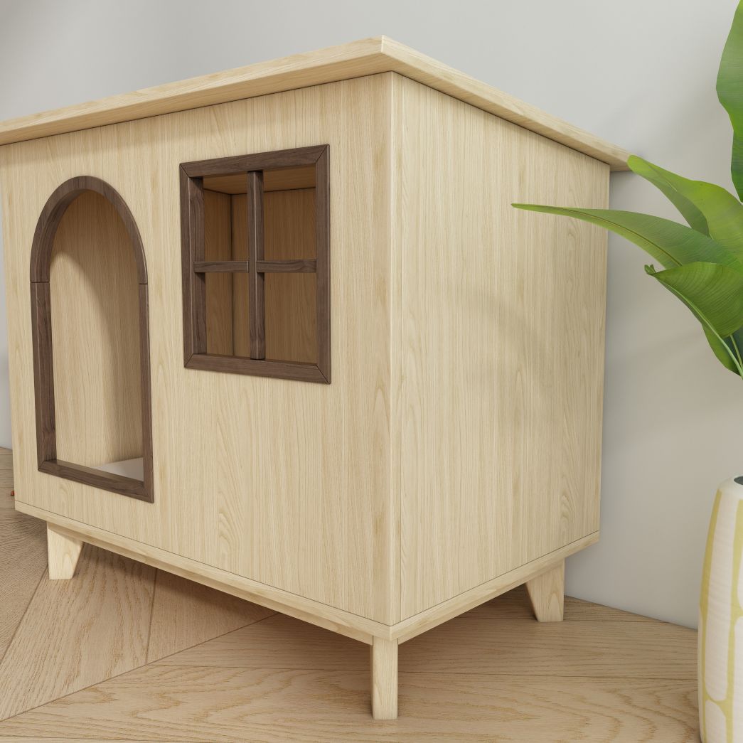 Wooden Cat House with Arched Door & Grid Window, Elevated Pet Shelter for Indoor Cats