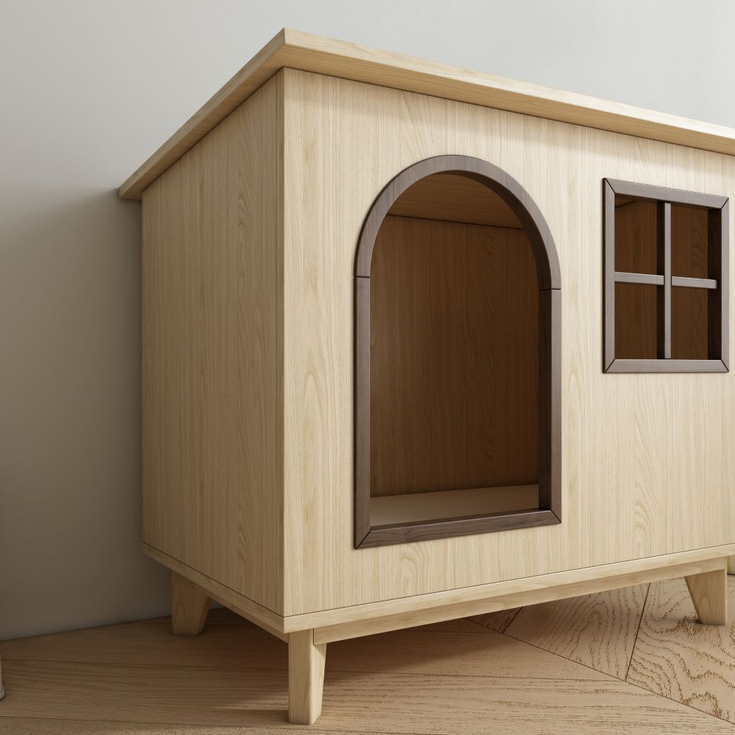 Wooden Cat House with Arched Door & Grid Window, Elevated Pet Shelter for Indoor Cats