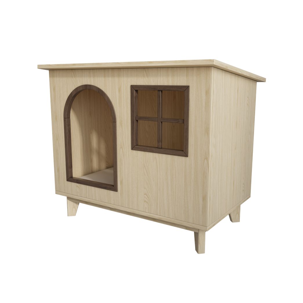 Wooden Cat House with Arched Door & Grid Window, Elevated Pet Shelter for Indoor Cats