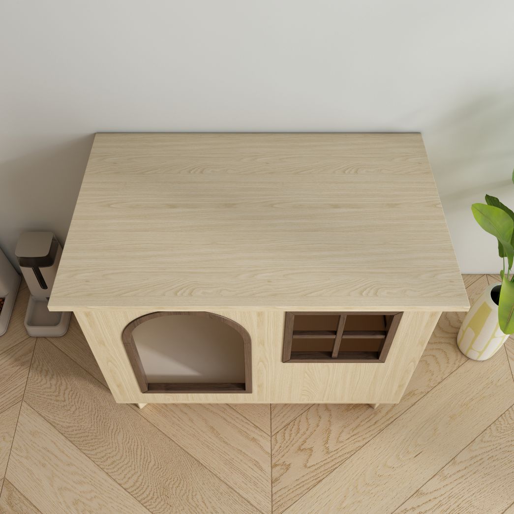 Wooden Cat House with Arched Door & Grid Window, Elevated Pet Shelter for Indoor Cats