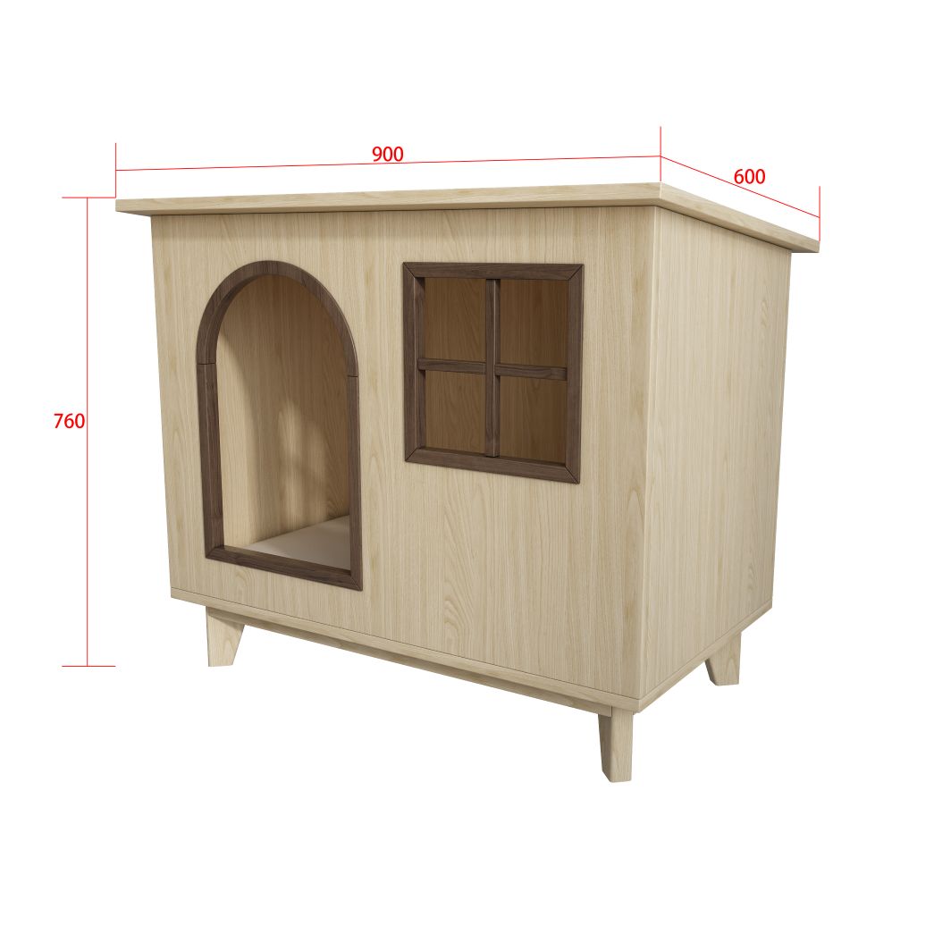 Wooden Cat House with Arched Door & Grid Window, Elevated Pet Shelter for Indoor Cats